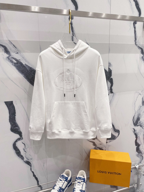Prada White Cotton Hoodie with Embroidered Logo - Comfortable & Stylish 1 Prada White Cotton Hoodie with Embroidered Logo - Comfortable & Stylish
