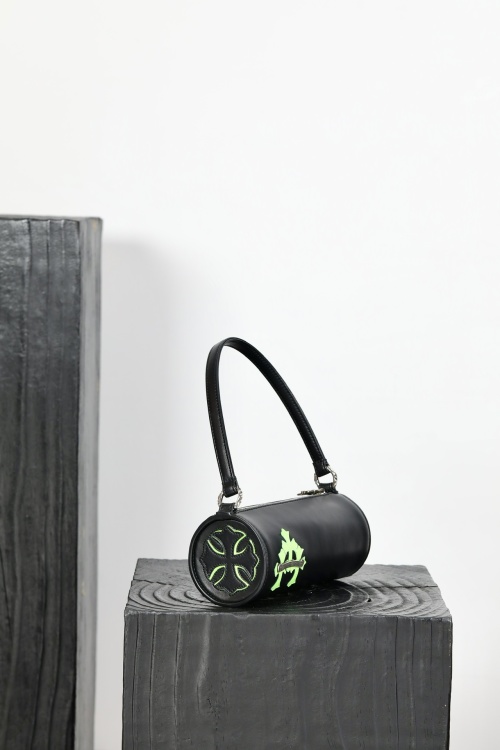 Chrome Hearts Grinds Bag - Black Leather Cylinder Bag with Green Accents 1 Chrome Hearts Grinds Bag - Black Leather Cylinder Bag with Green Accents