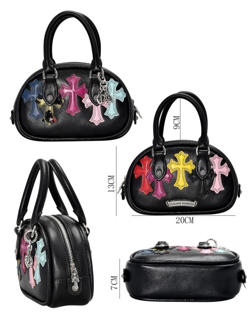 Chrome Hearts Gym Bowling Bag - Black Leather with Colorful Cross Patches 1 Chrome Hearts Gym Bowling Bag - Black Leather with Colorful Cross Patches