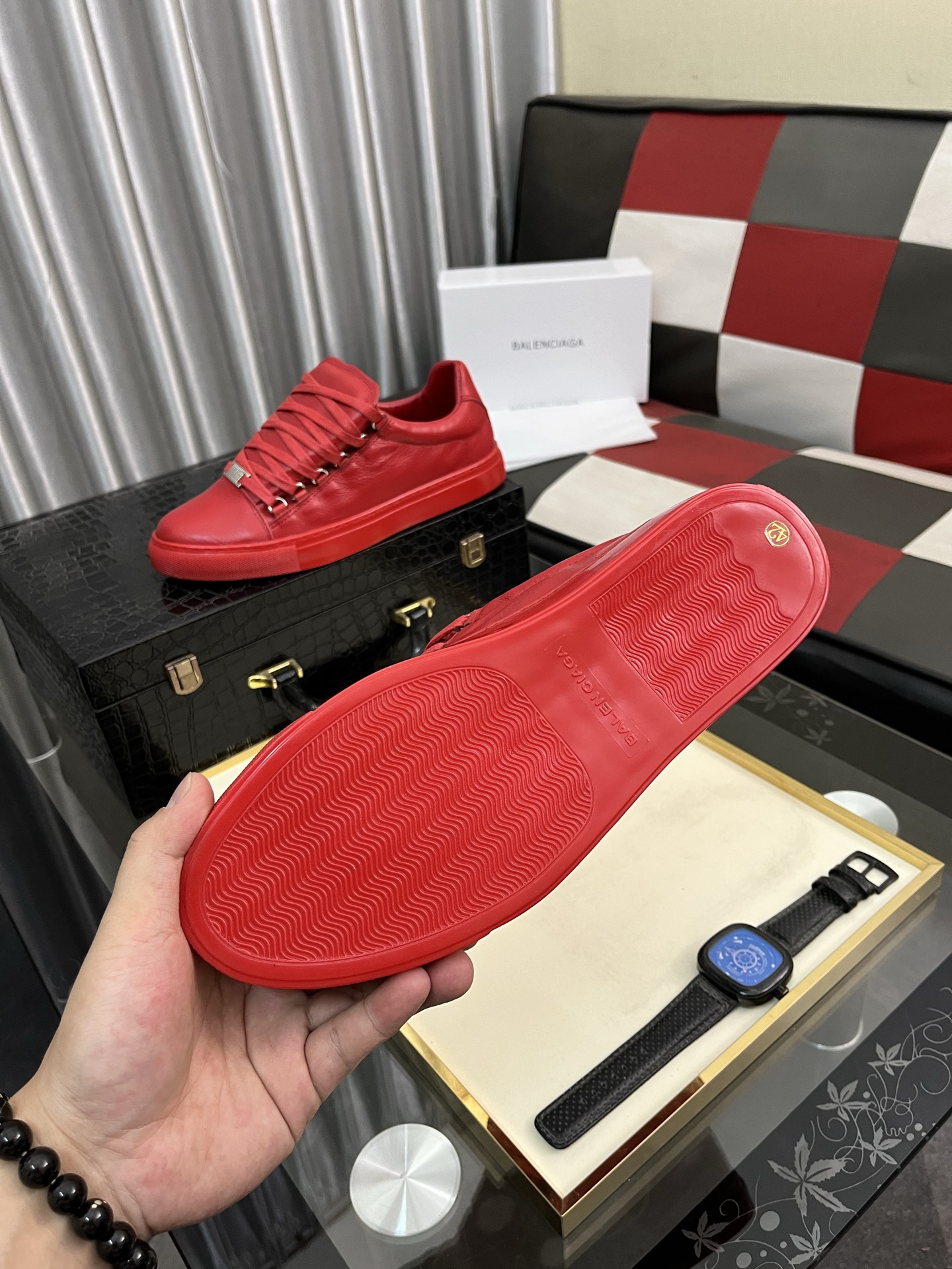 Balenciaga Men's Leather Low-Top Sneakers, Lace-Up Red Casual Shoes 10 i1744990038684 8406 0 8