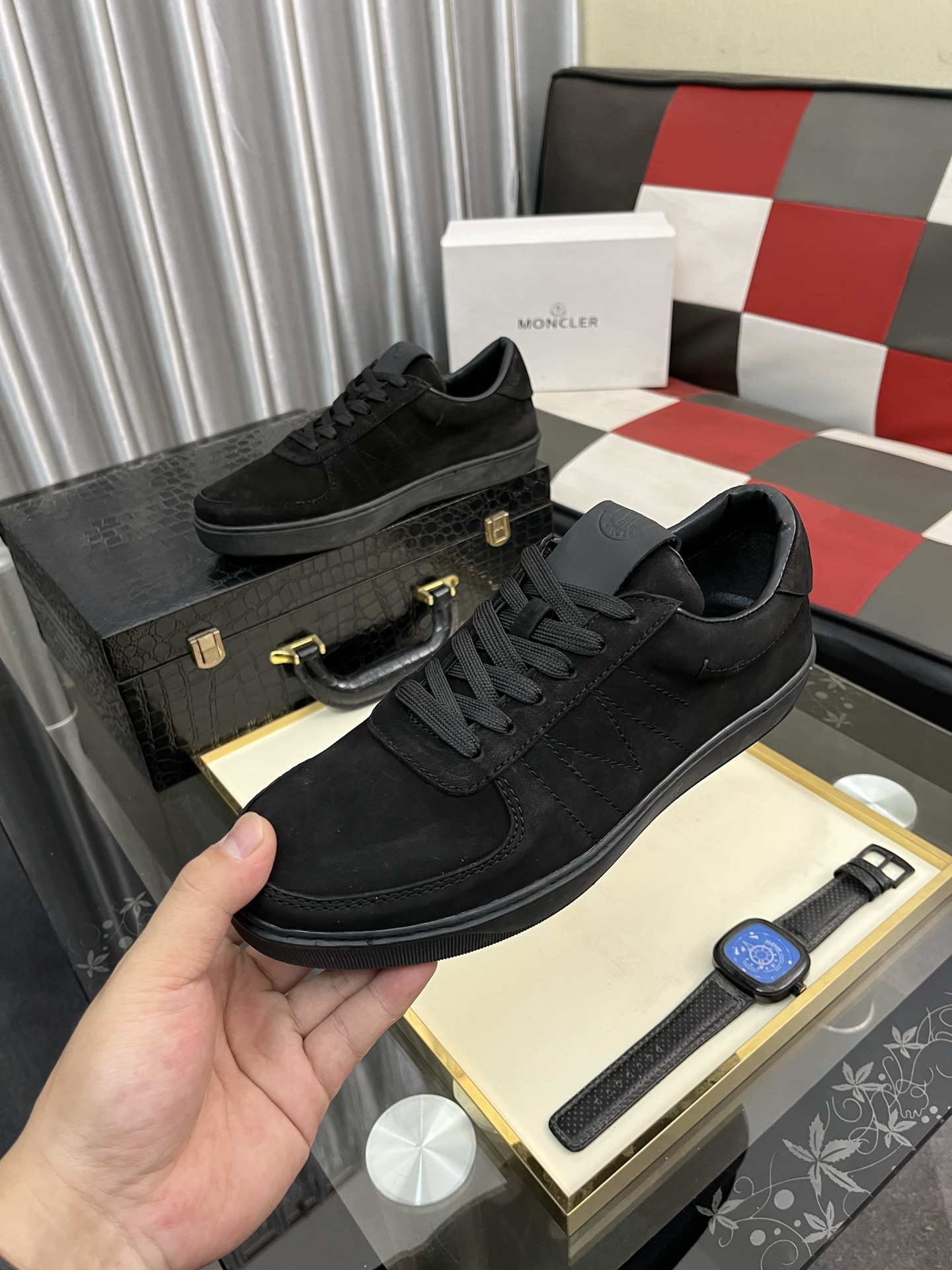 Moncler Men's Black Leather Lace-Up Sneakers: Comfort & Style,Sizes 38-46 6 i1745084469617 1559 0 4