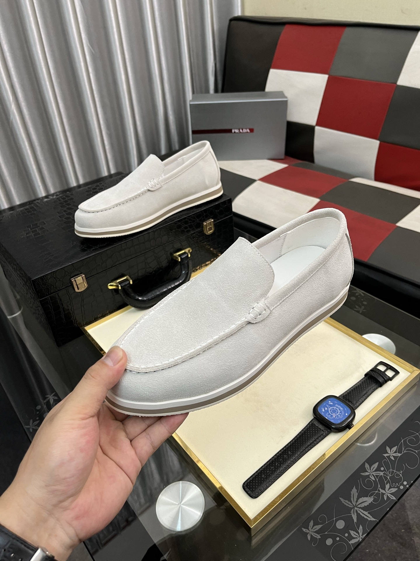 Prada White Leather Slip-On Sneakers, Modern Design, Comfortable Fit 6 i1745427783740 9787 0 4