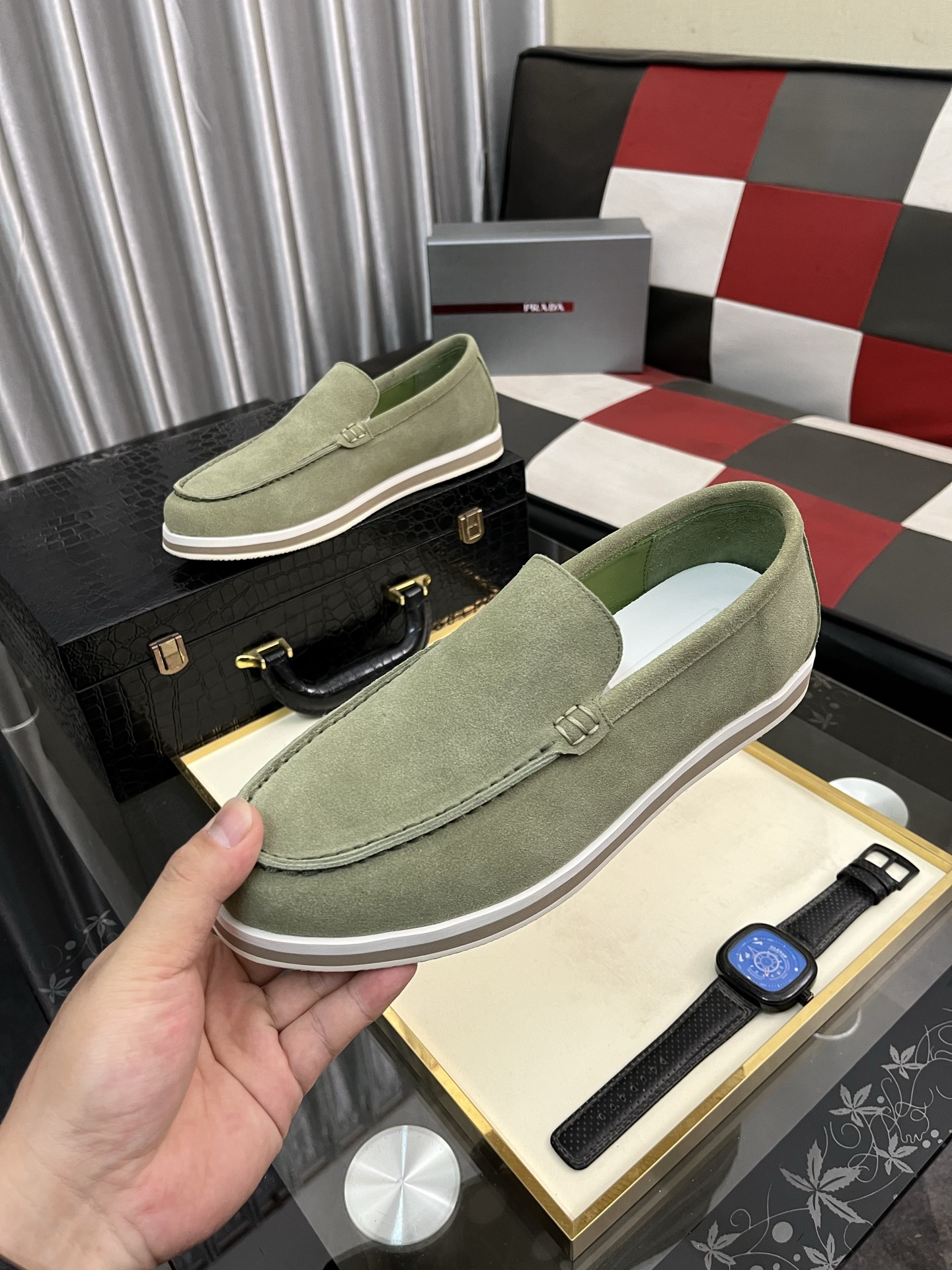 Prada Modern Style Loafers in Green Suede, Sizes 38-44. Original Leather 6 i1745427877888 7778 0 4