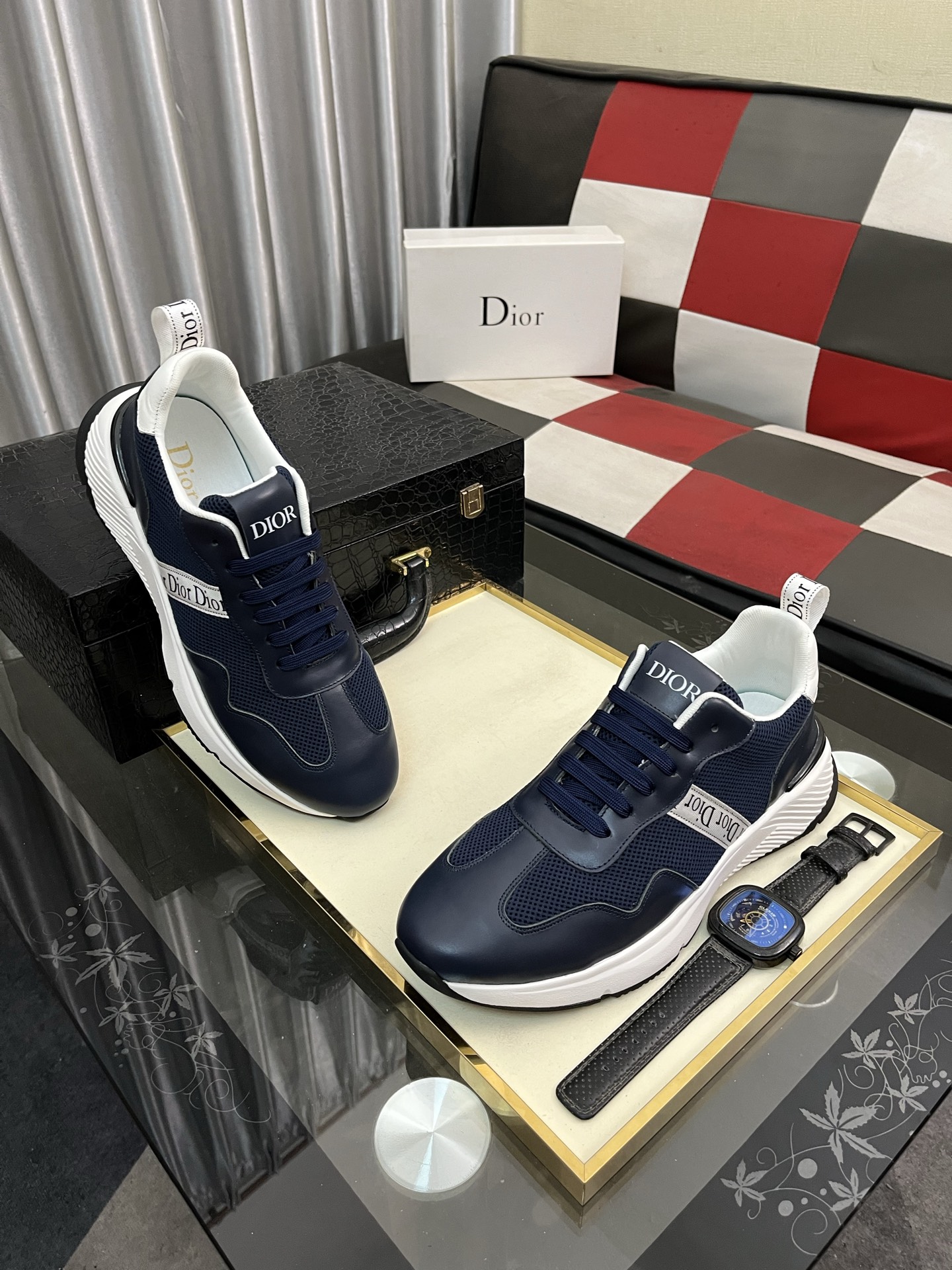 Dior Men's Navy Blue Italian Leather and Mesh Lace-Up Sneakers 4 i1746895239848 3829 0 2