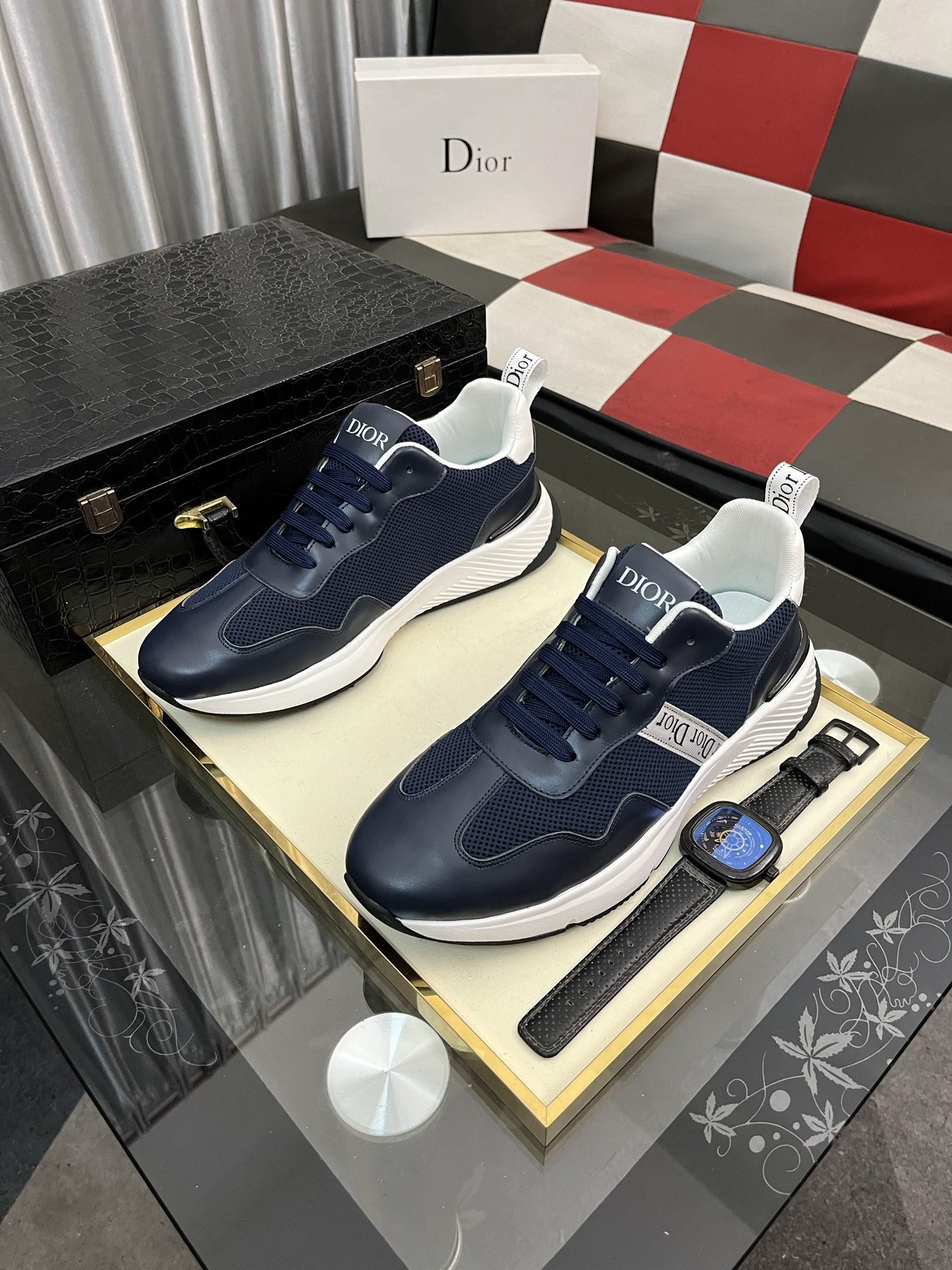 Dior Men's Navy Blue Italian Leather and Mesh Lace-Up Sneakers 3 i1746895239905 5323 0 1
