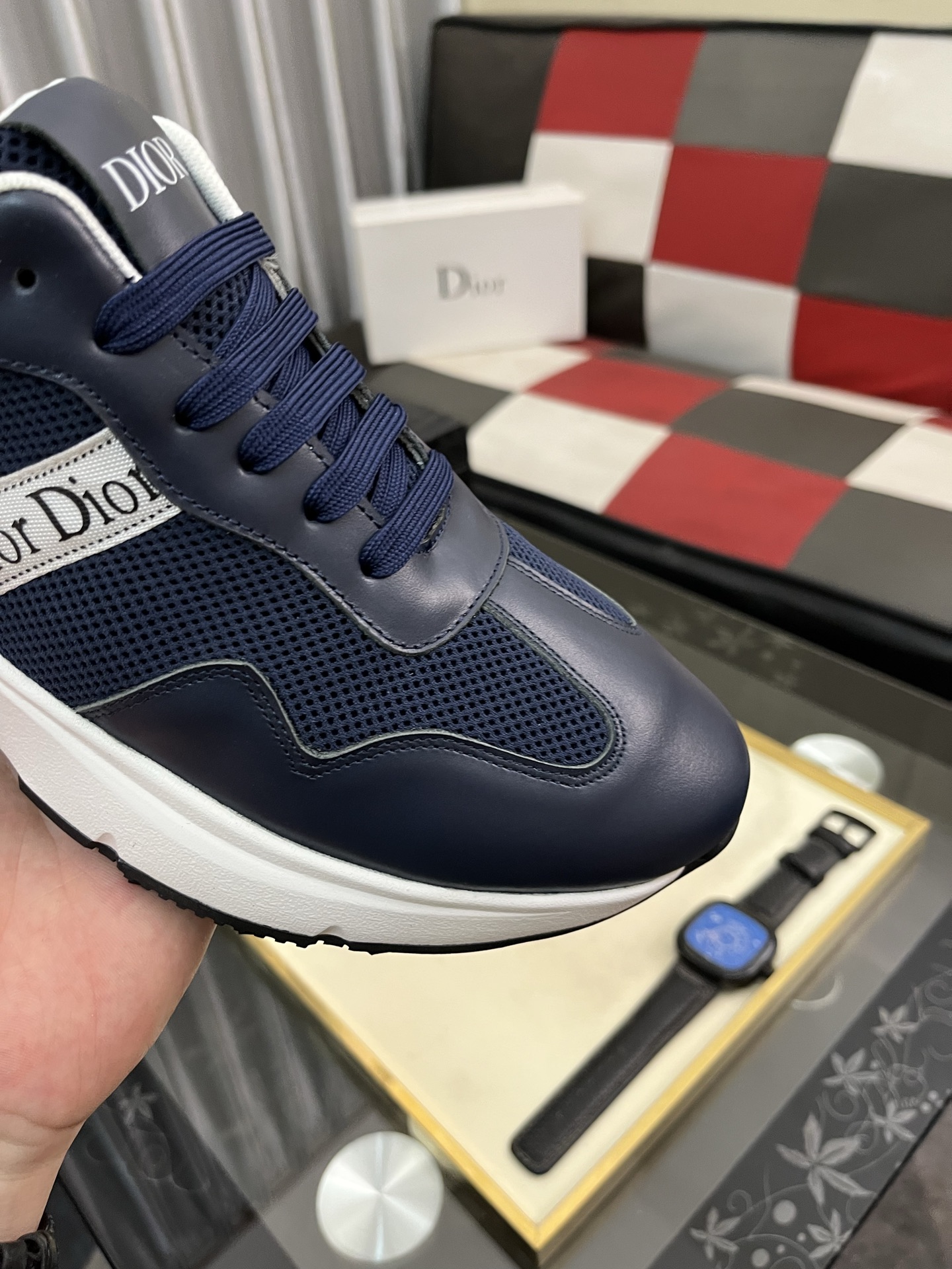 Dior Men's Navy Blue Italian Leather and Mesh Lace-Up Sneakers 7 i1746895241214 6516 0 5