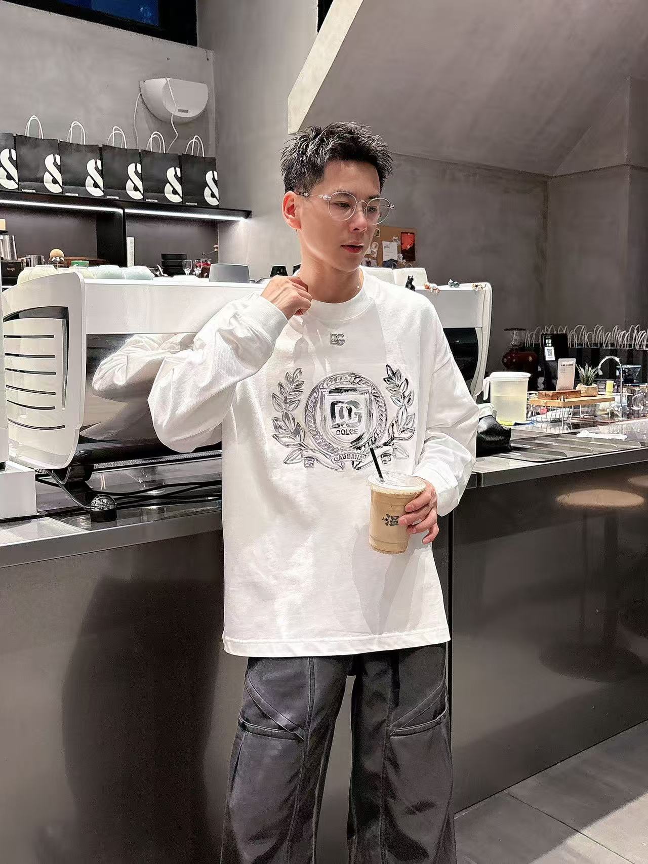 2025秋季新款 DG 手绘定制标休闲长袖 【over size宽松版型】 定制300g高支100%纯棉