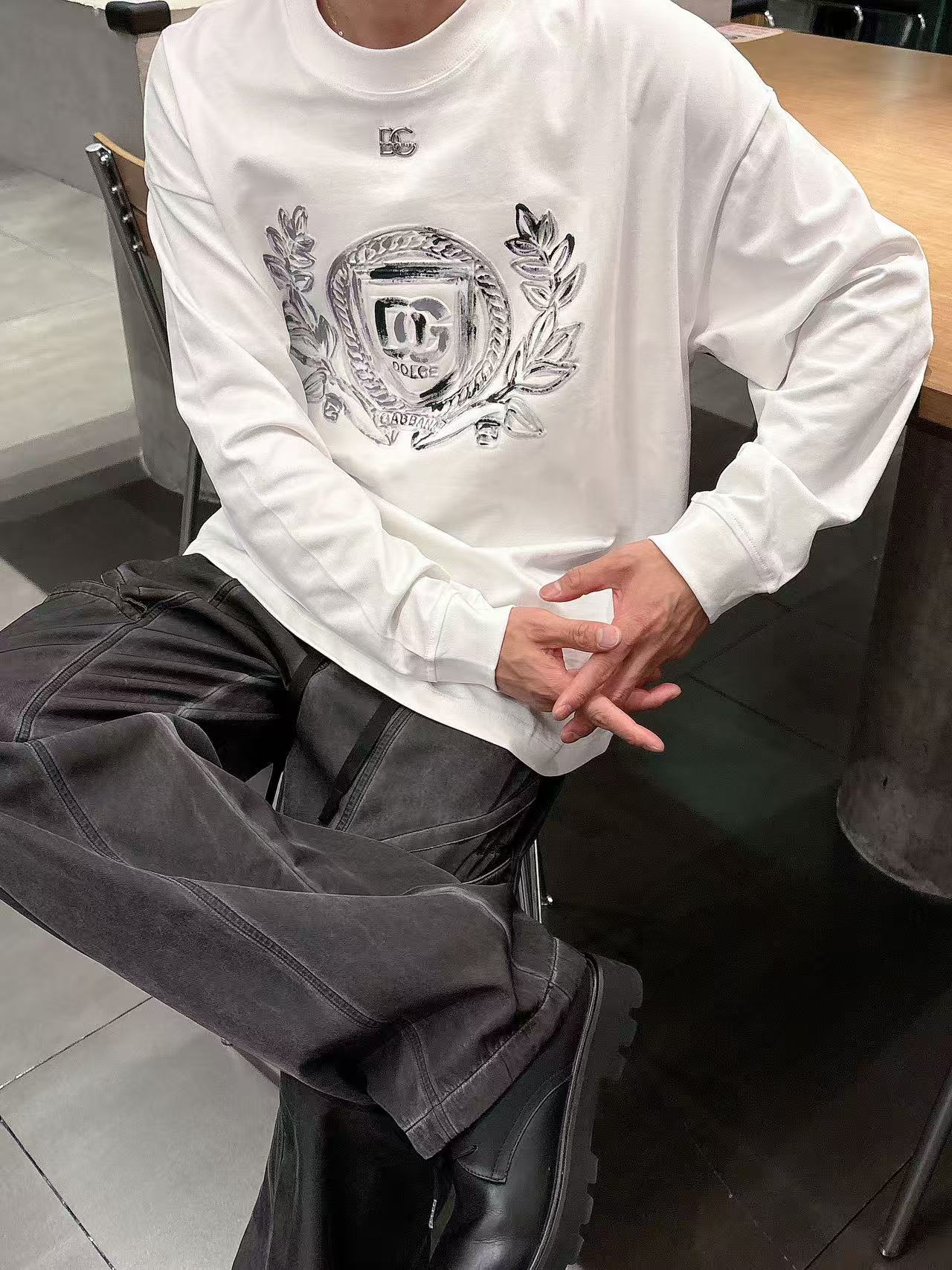 2025秋季新款 DG 手绘定制标休闲长袖 【over size宽松版型】 定制300g高支100%纯棉