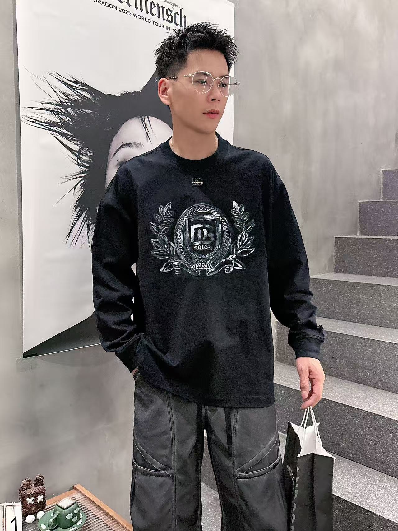 2025秋季新款 DG 手绘定制标休闲长袖 【over size宽松版型】 定制300g高支100%纯棉