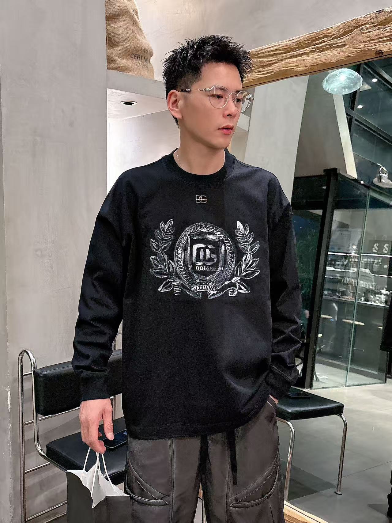 2025秋季新款 DG 手绘定制标休闲长袖 【over size宽松版型】 定制300g高支100%纯棉