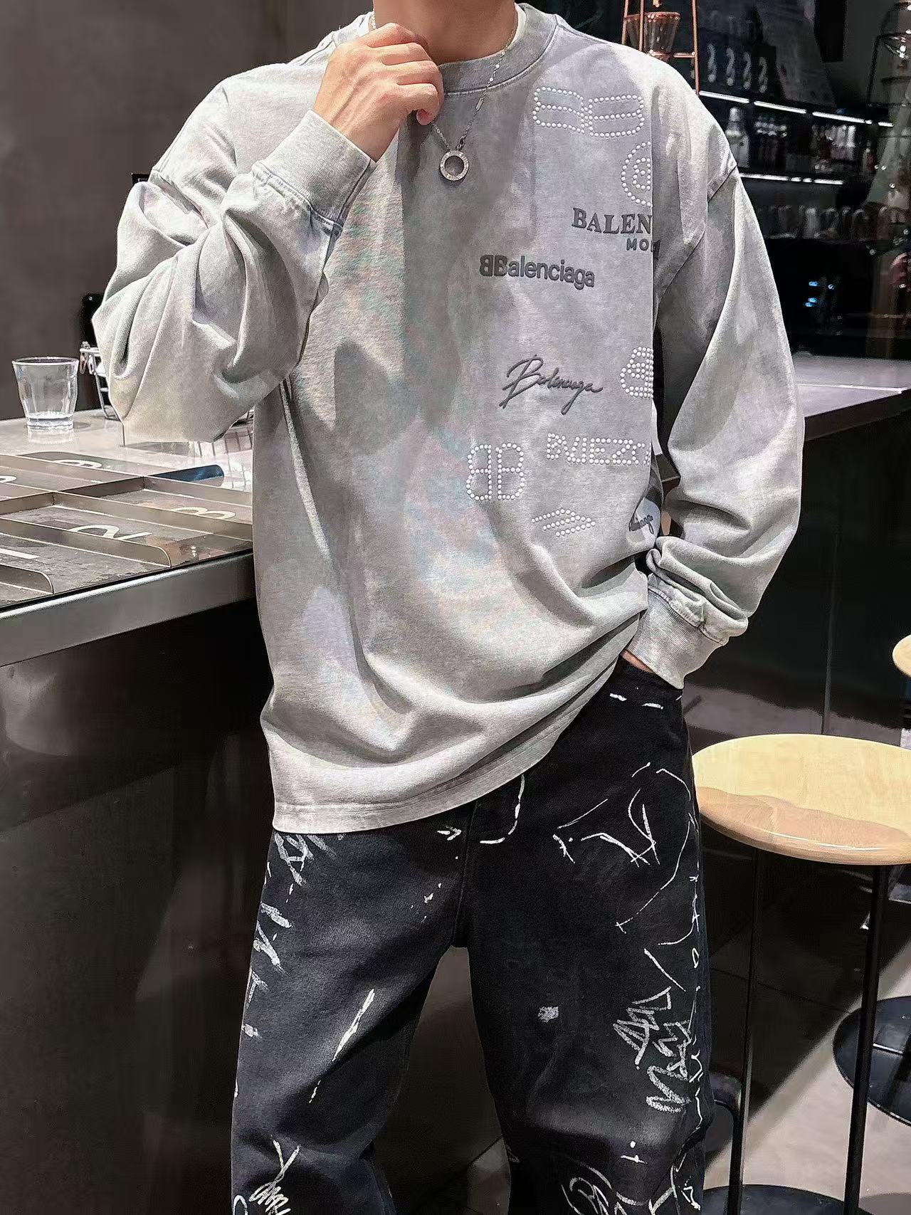 2025秋季新款 巴黎世家 手绘定制标休闲长袖 【over size宽松版型】 定制300g高支100%