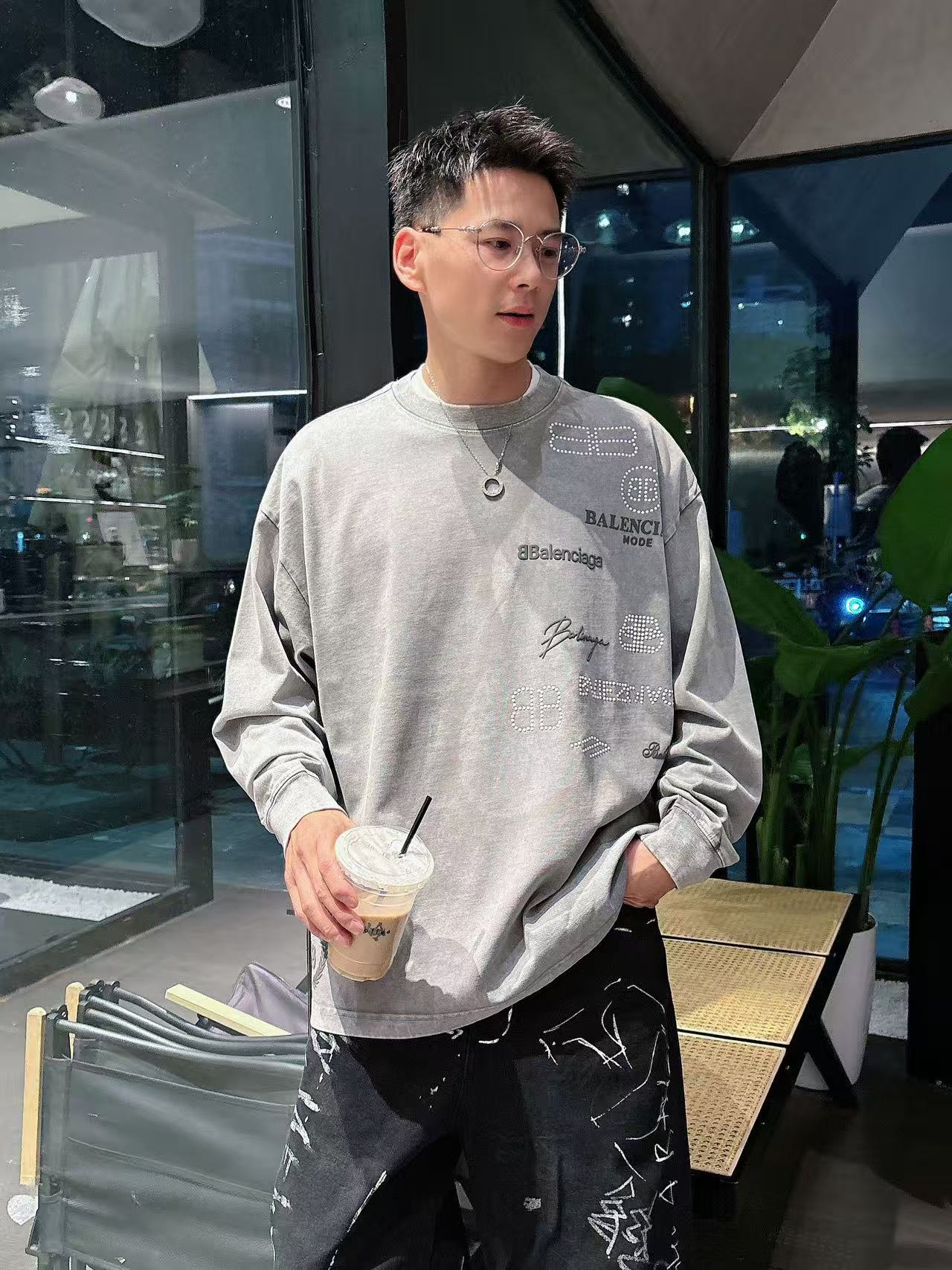 2025秋季新款 巴黎世家 手绘定制标休闲长袖 【over size宽松版型】 定制300g高支100%