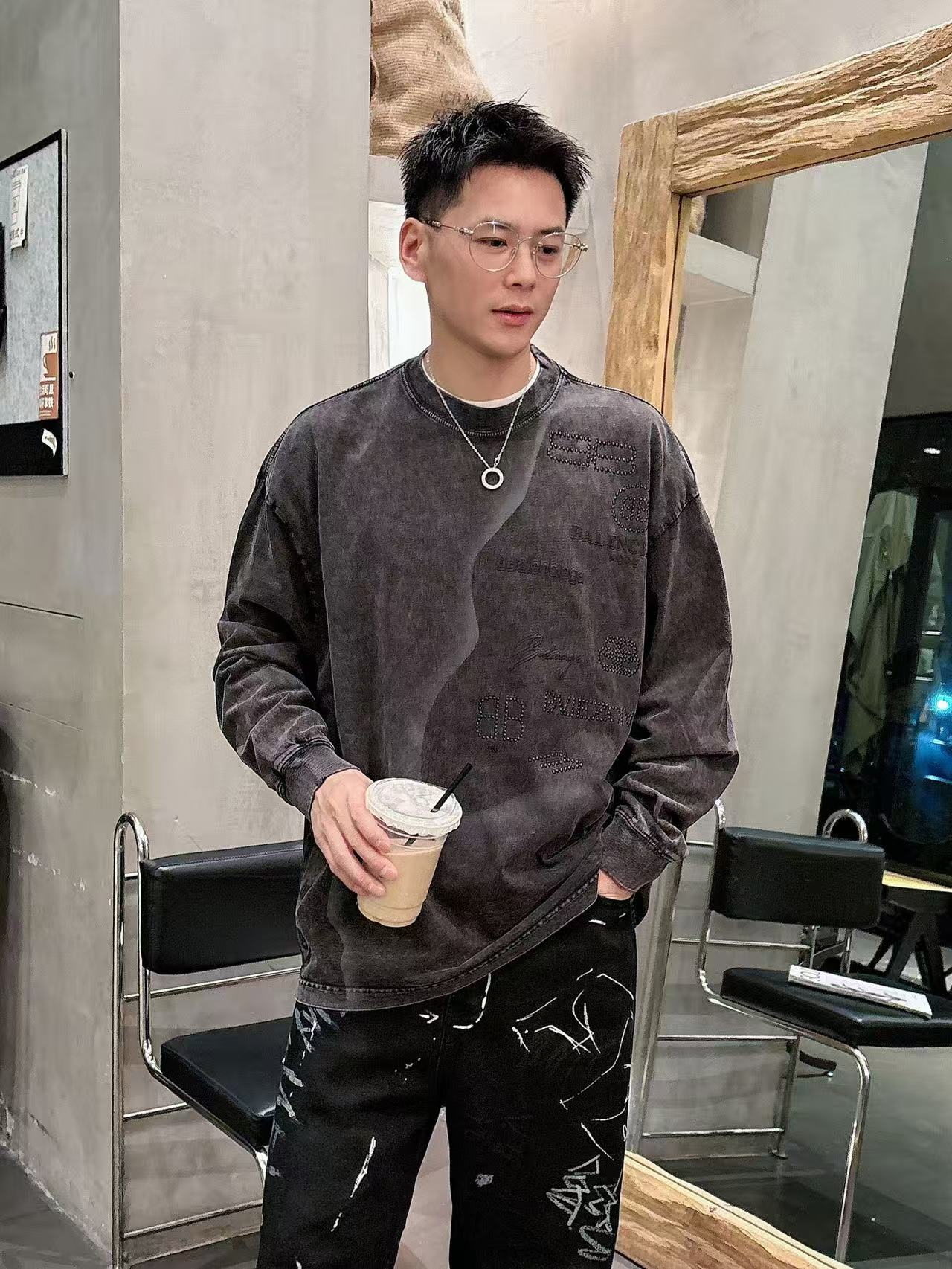 2025秋季新款 巴黎世家 手绘定制标休闲长袖 【over size宽松版型】 定制300g高支100%