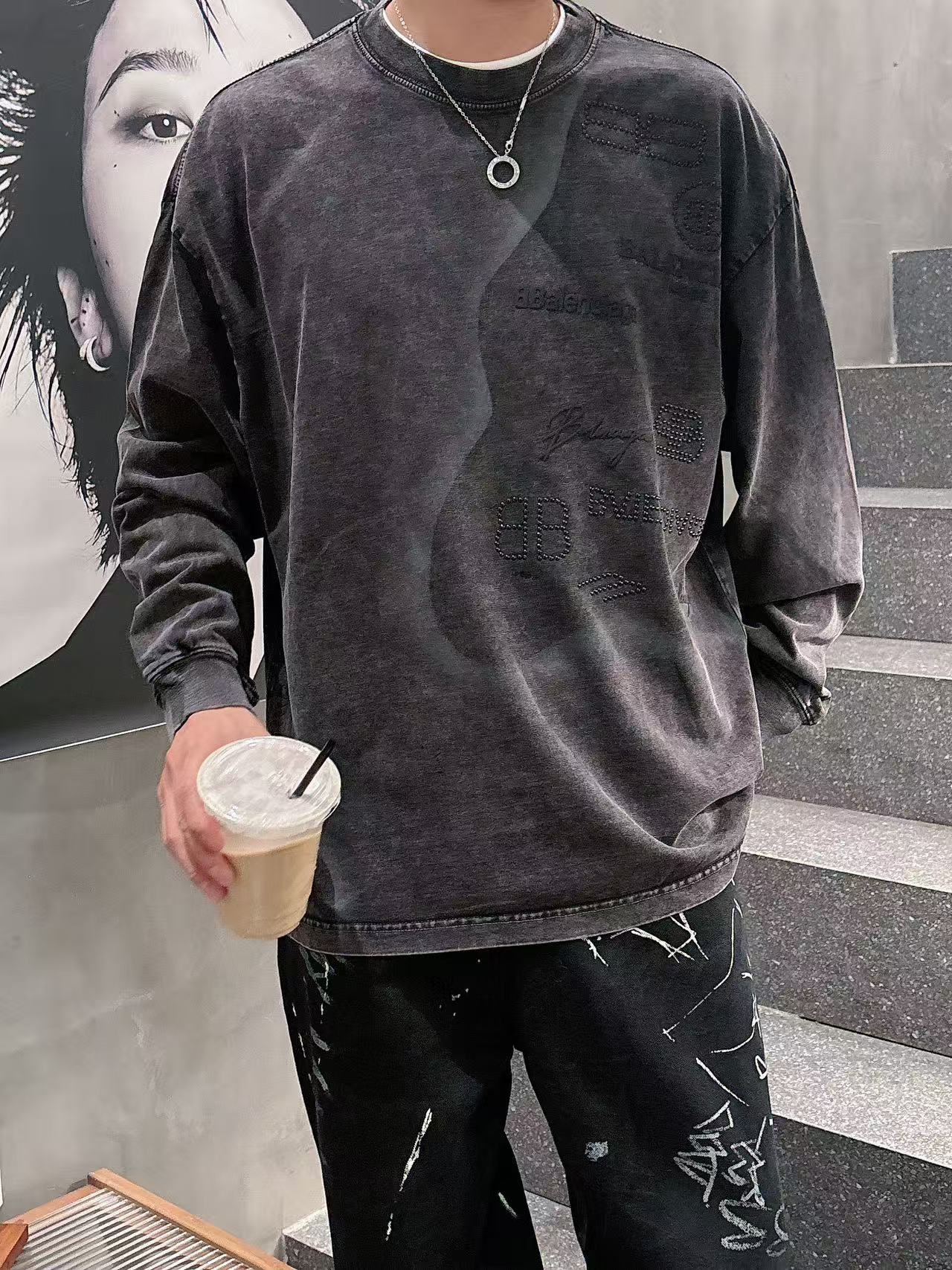 2025秋季新款 巴黎世家 手绘定制标休闲长袖 【over size宽松版型】 定制300g高支100%