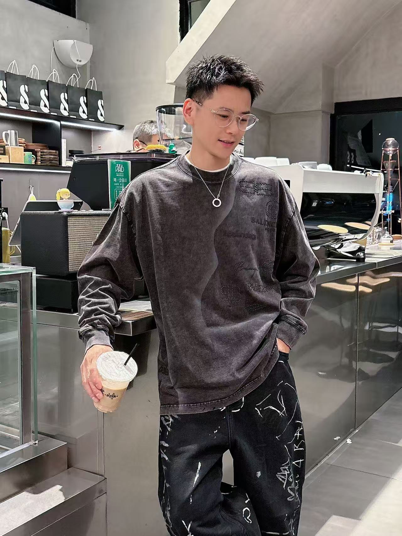 2025秋季新款 巴黎世家 手绘定制标休闲长袖 【over size宽松版型】 定制300g高支100%