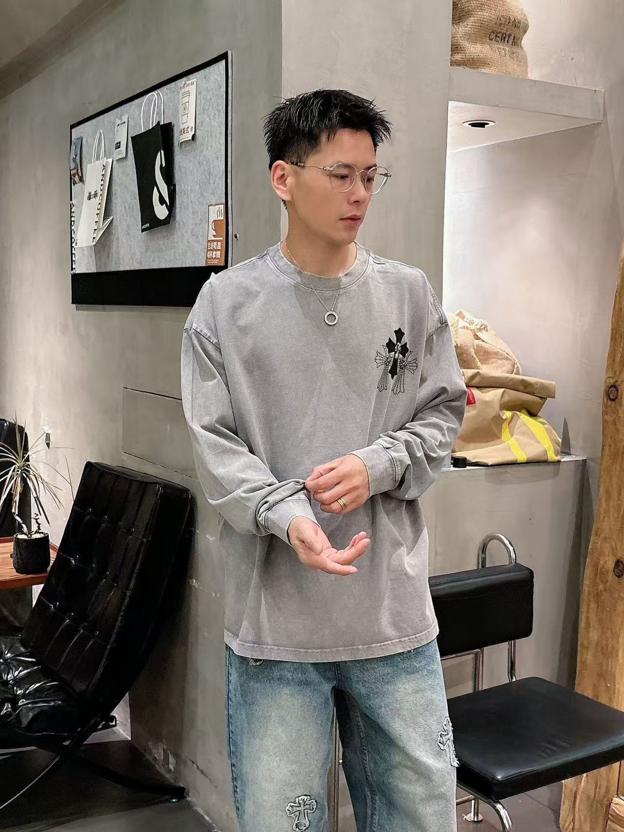 2025秋季新款 克罗心 手绘定制标休闲长袖 【over size宽松版型】 定制300g高支100%纯