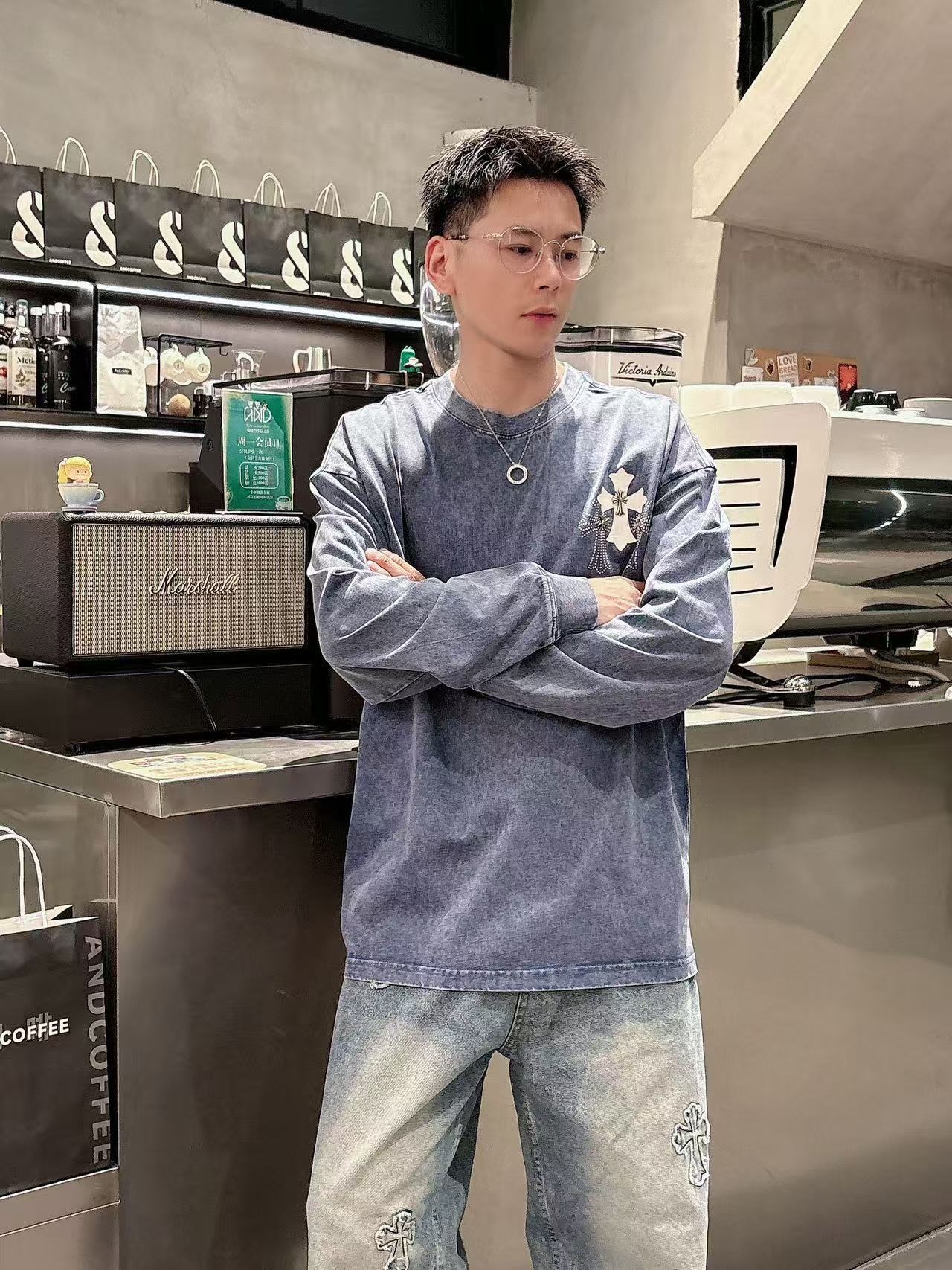 2025秋季新款 克罗心 手绘定制标休闲长袖 【over size宽松版型】 定制300g高支100%纯