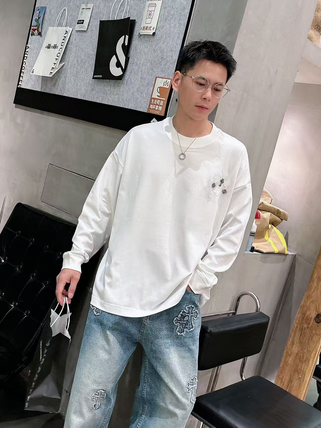 2025秋季新款 克罗心 手绘定制标休闲长袖 【over size宽松版型】 定制300g高支100%纯