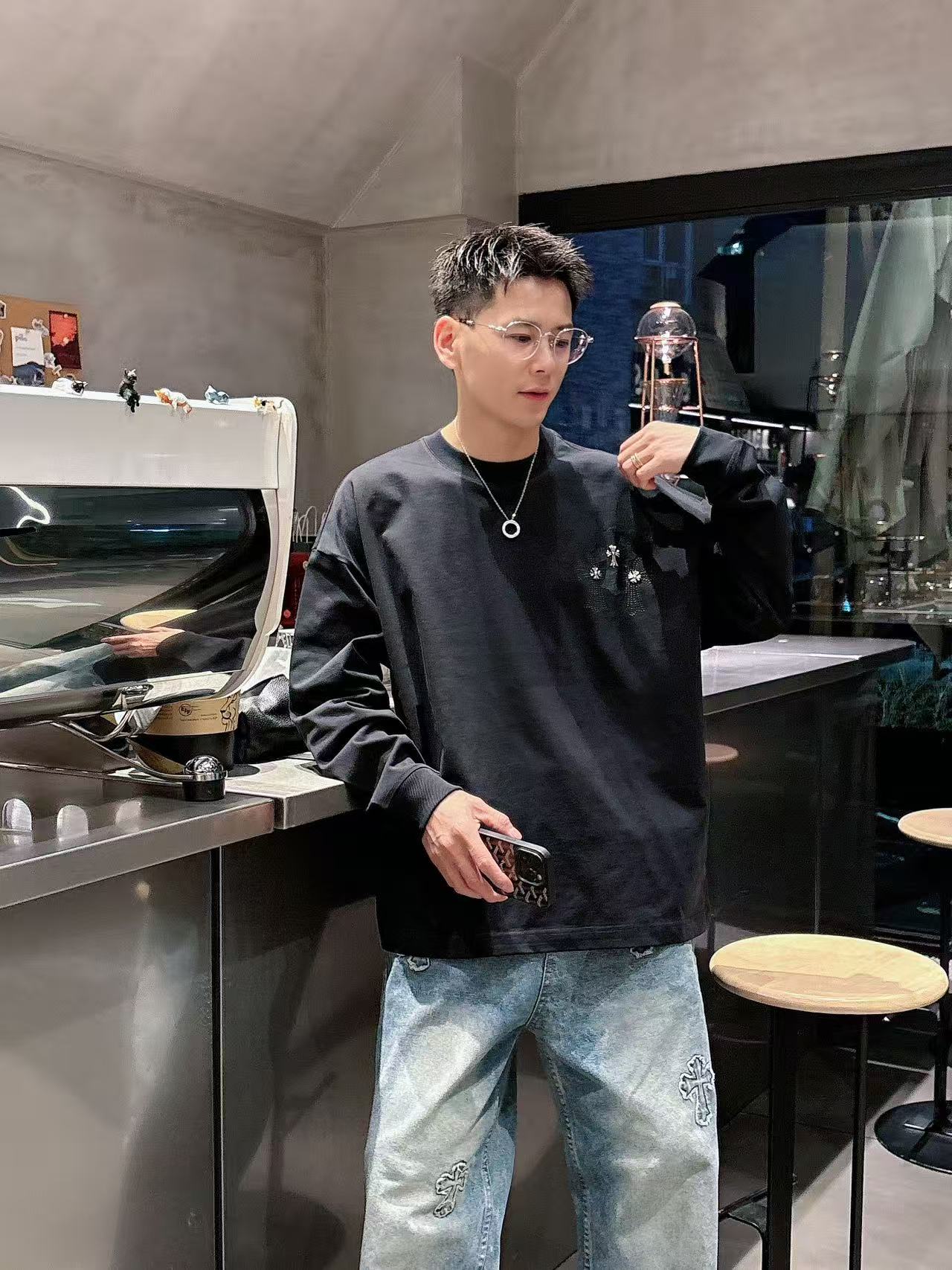 2025秋季新款 克罗心 手绘定制标休闲长袖 【over size宽松版型】 定制300g高支100%纯