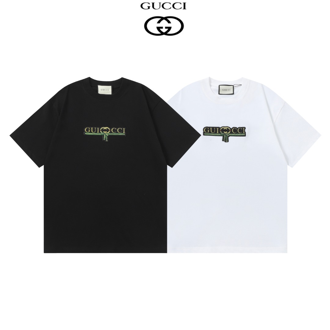 “High-End Gucci 2025 Embroidered Couple T-Shirt in White, 260g Cotton, Fashionable Unisex” - 图片 1