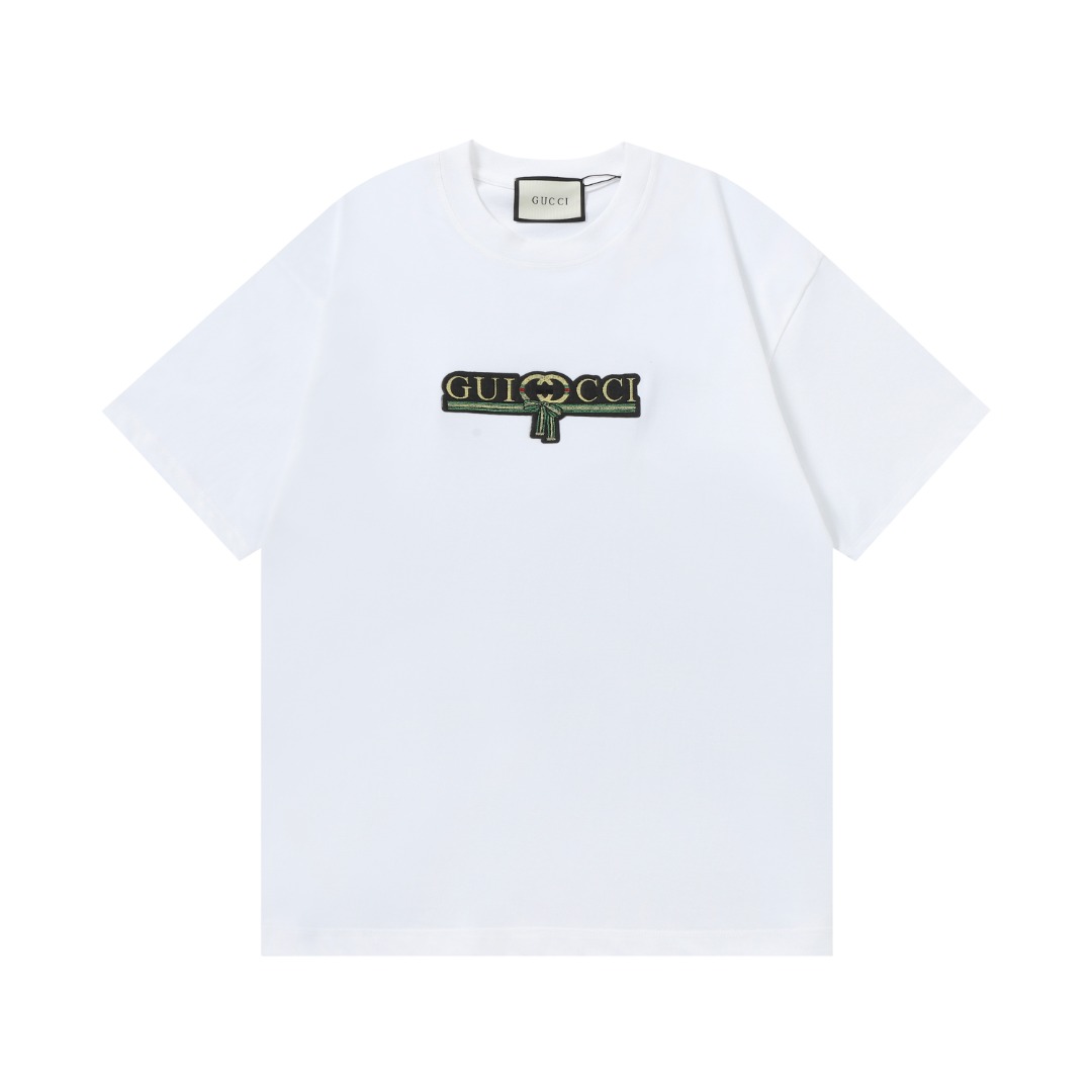 “High-End Gucci 2025 Embroidered Couple T-Shirt in White, 260g Cotton, Fashionable Unisex” - 图片 2
