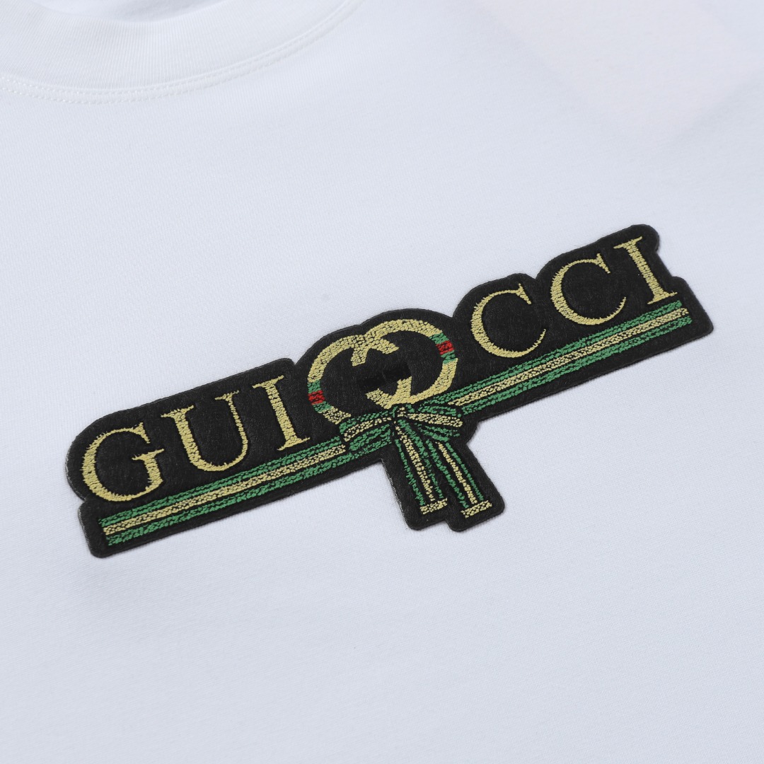 “High-End Gucci 2025 Embroidered Couple T-Shirt in White, 260g Cotton, Fashionable Unisex” - 图片 3