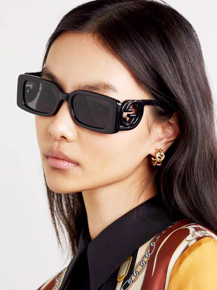 Gucci古奇倪妮同款欧美潮款长方形框墨镜男女高级感个性环扣双G镂空设计前卫太阳镜