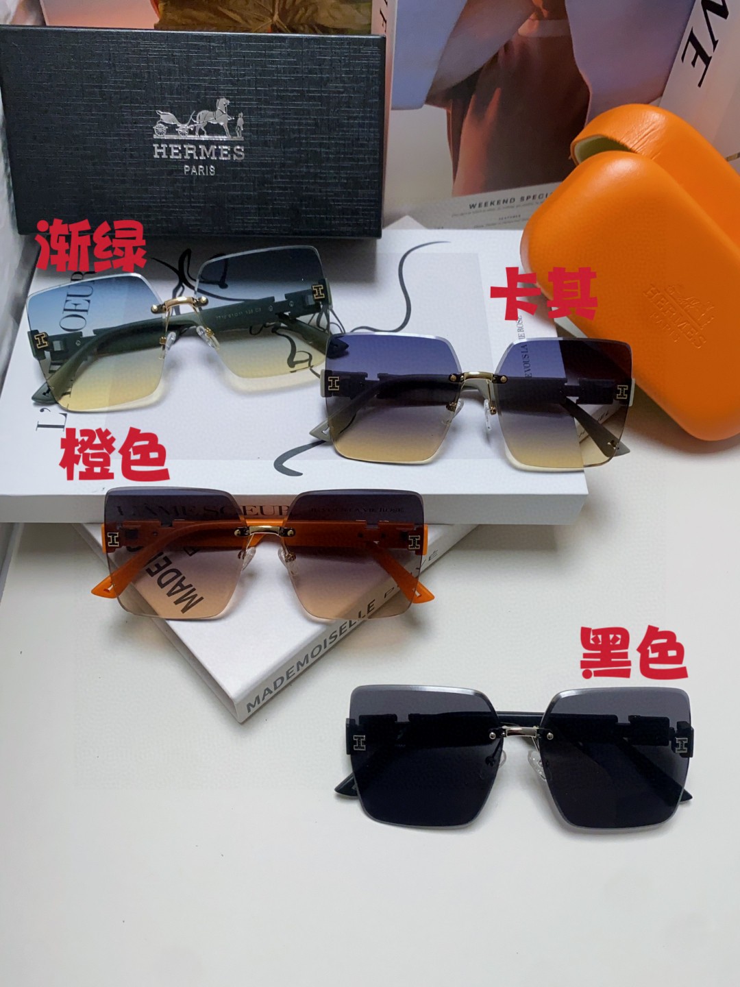  Hermes爱马仕 2024新款无框方框 海边太阳镜防紫外线高级感显脸小防晒开车眼镜  男女通用 