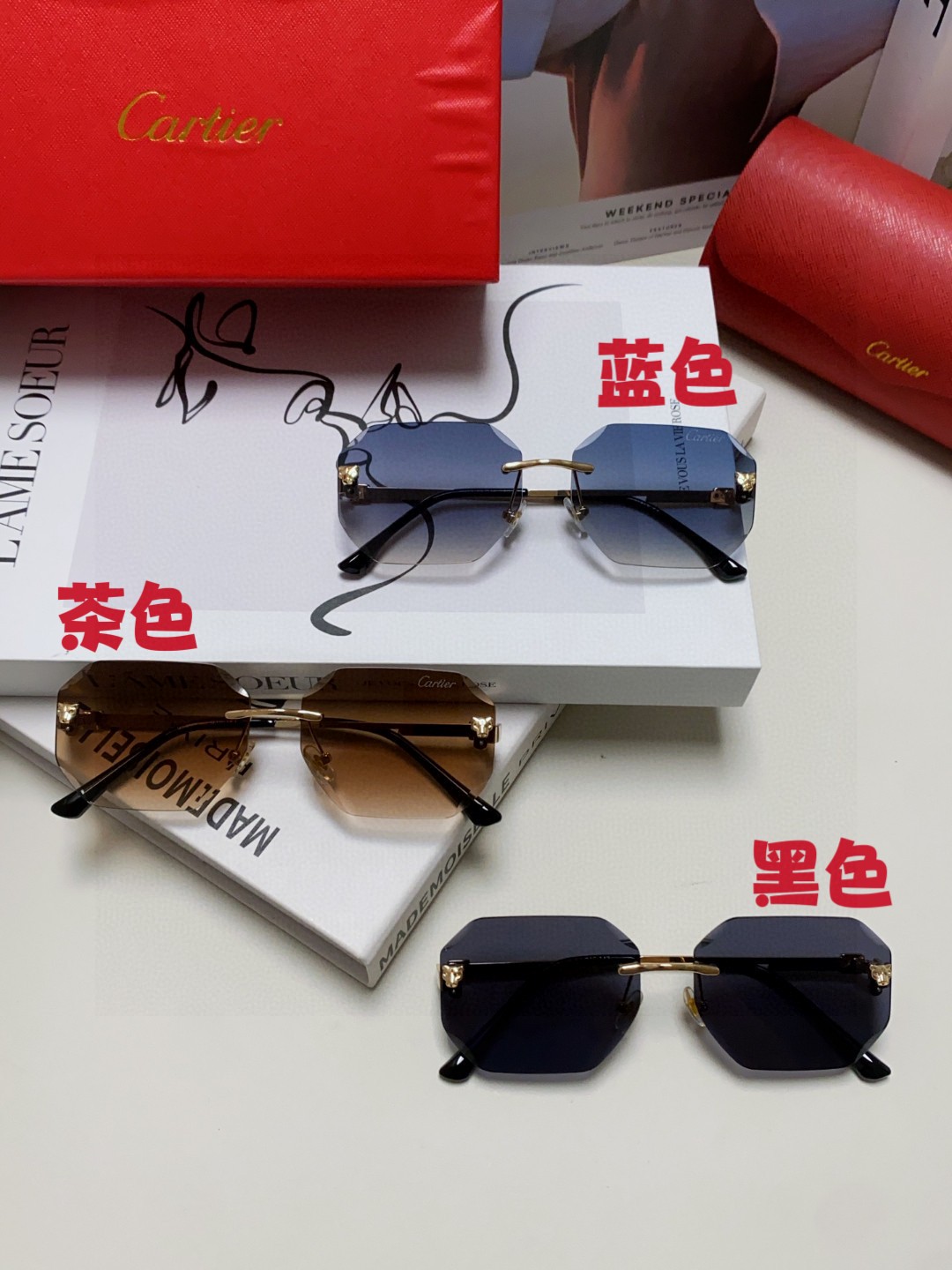  Cartier卡地亚 2024新款个性无框豹子装饰太阳眼镜复古时尚气质男女驾驶专用防晒墨镜 男女通用