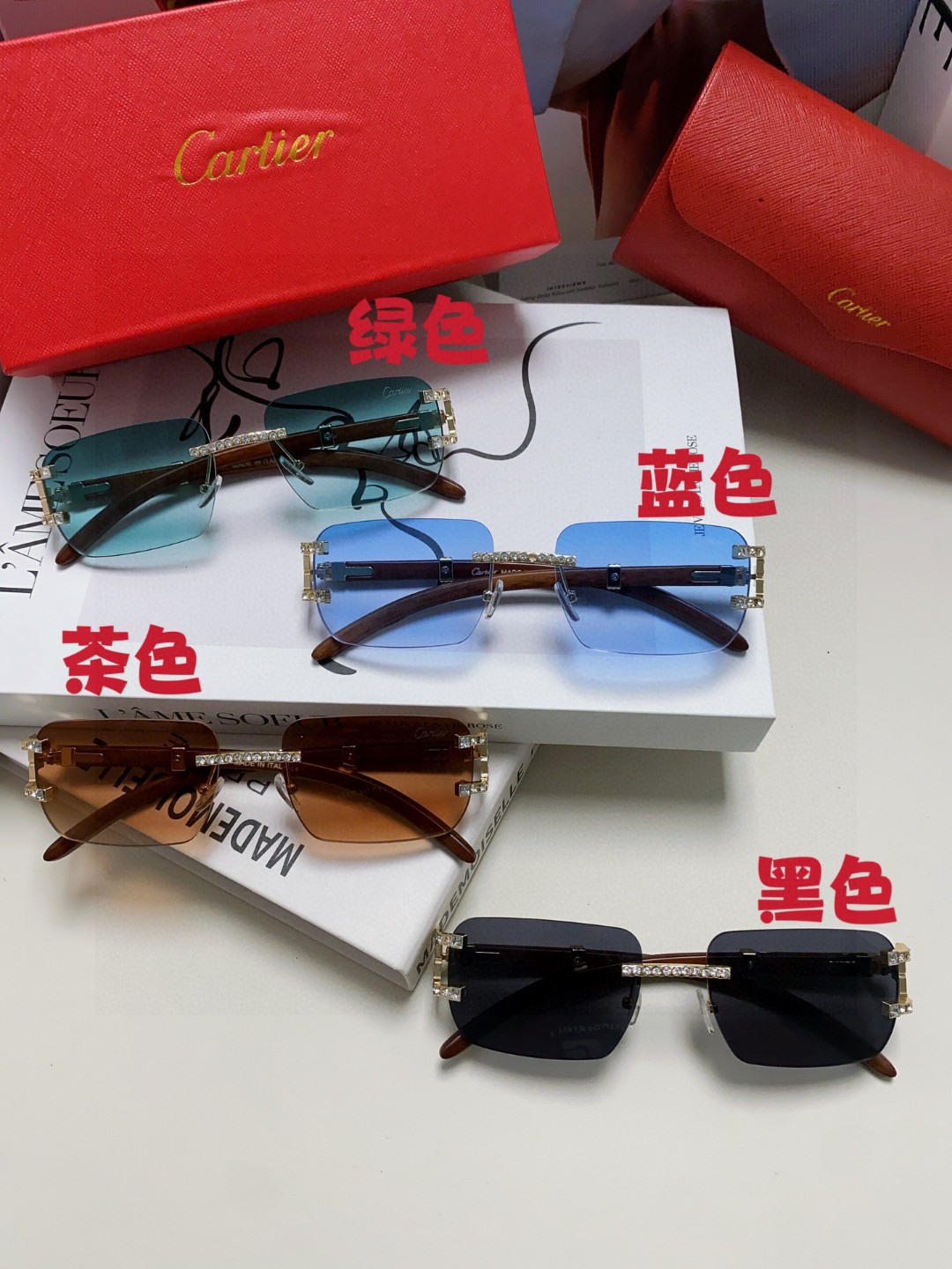  Cartier卡地亚 返单终于到货！！ 2024年新款复古仿木腿太阳眼镜女士时尚无框镶钻墨镜潮方框眼镜