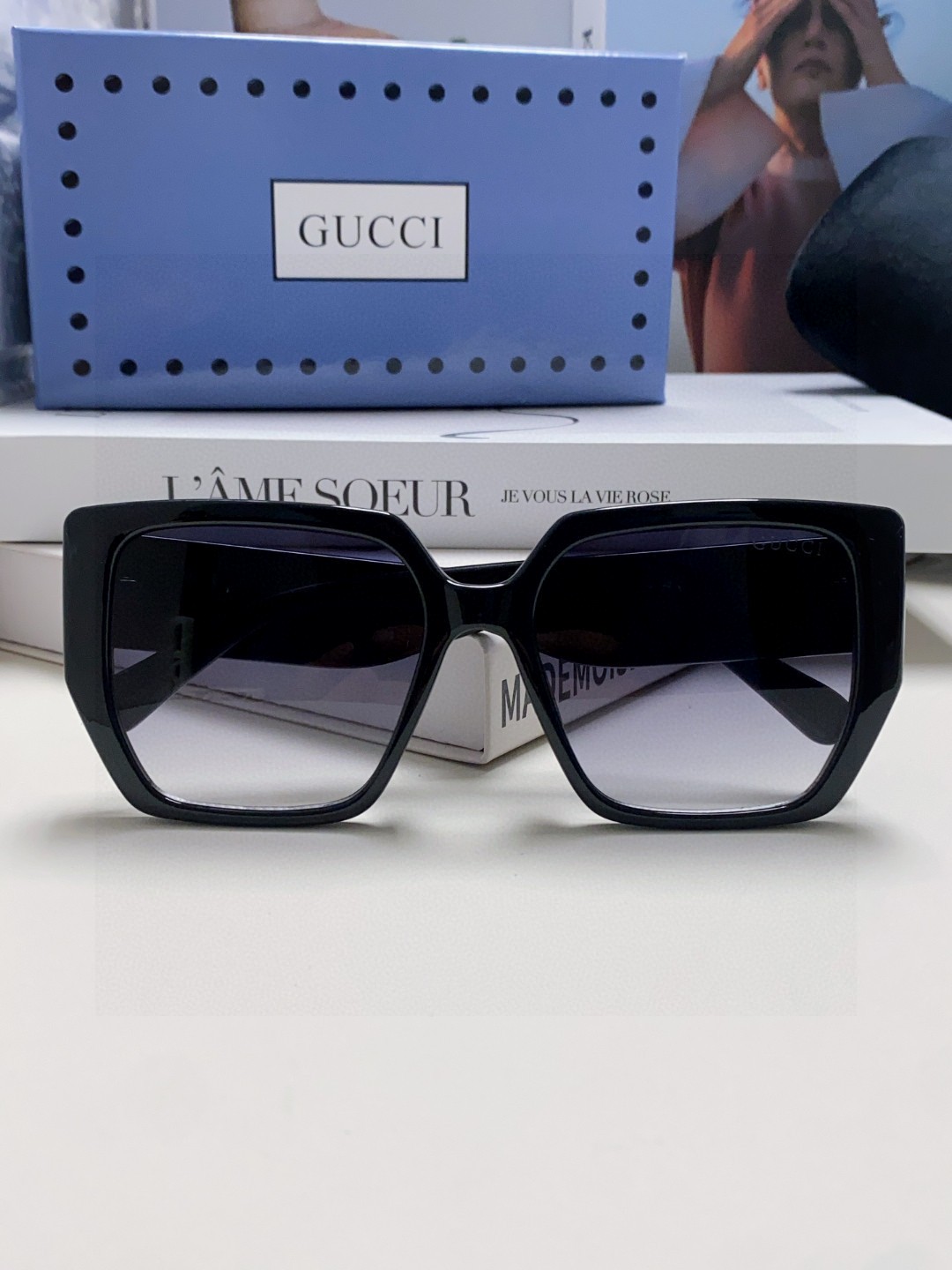  Gucci古奇 2025新款 网红墨镜女黑色超大框偏光太阳镜女圆脸明星同款黑超眼镜男女 通用款