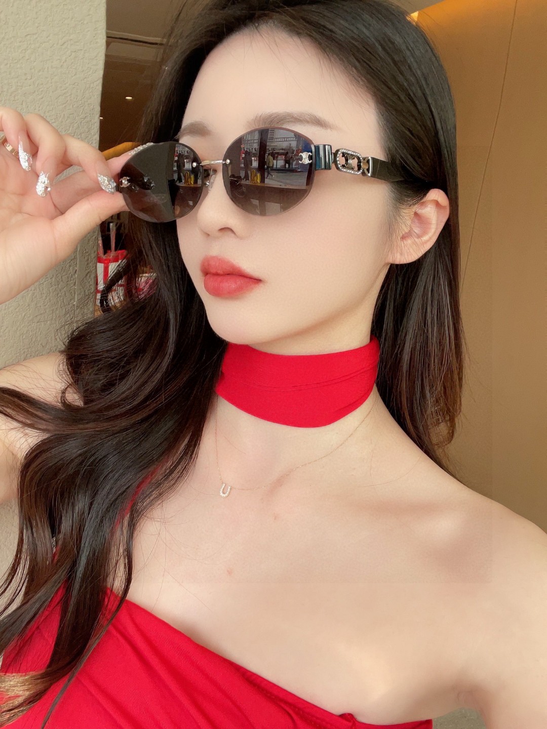  Celine塞林 2025新款凯旋门 欧美时尚无框椭圆形切边尼龙偏光太阳镜女式级感镶钻墨镜