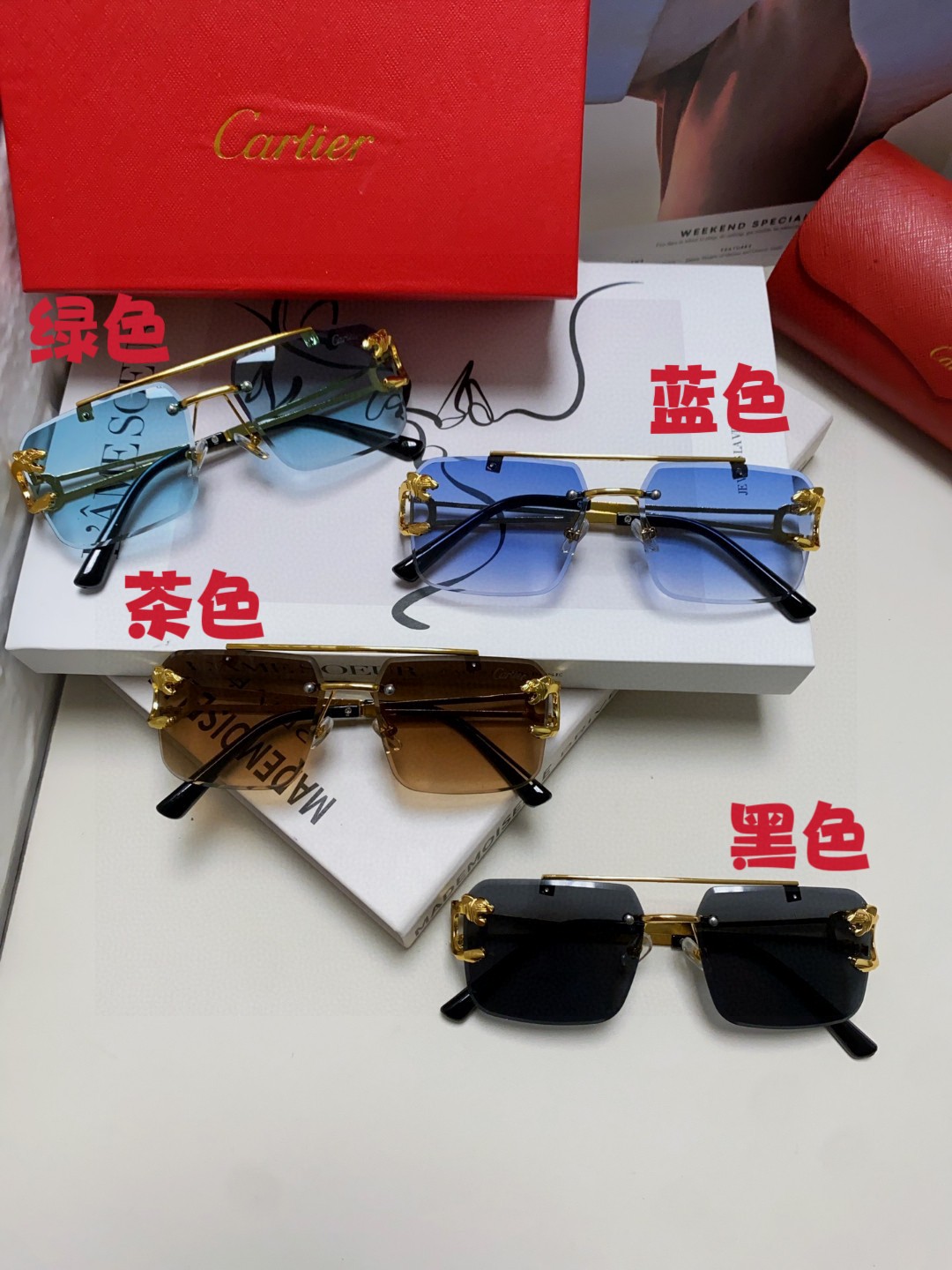  Cartier卡地亚 双梁切边无框太阳镜个性优雅男女皆可浮夸复古风豹子头装饰墨镜