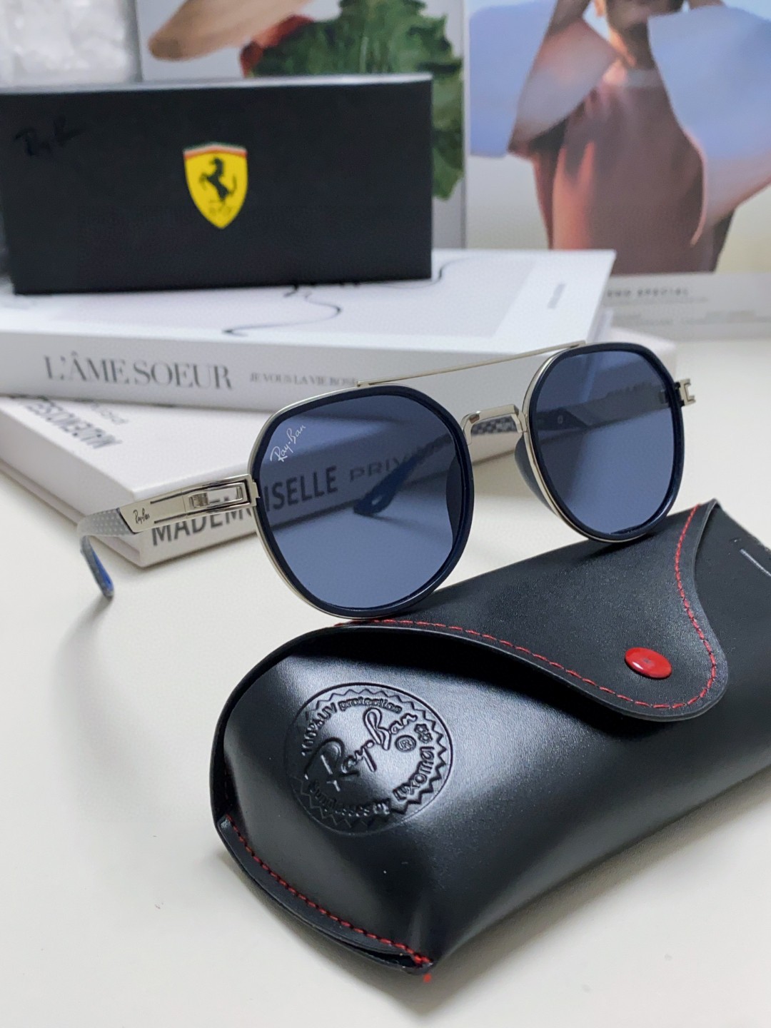  RayBan雷朋法拉利联名款 金属板材椭圆框太阳眼镜女THE PADKYLOB复古双梁遮阳墨镜 男女通