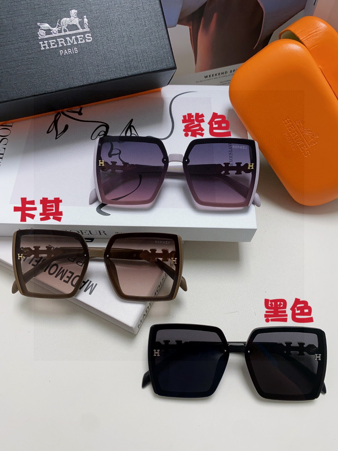   Hermes爱马仕2026新款 女士高清太阳镜高质	
量切片镜框，进口宝丽高清镜片大框时尚太	
阳镜