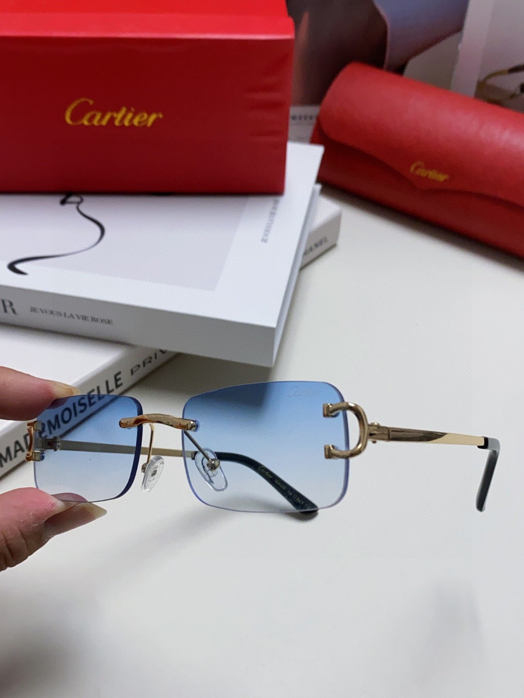  Cartier卡地亚 欧美无框方形墨镜男士2025新款痞帅窄框太阳眼镜男款欧美复古美式 男女通用