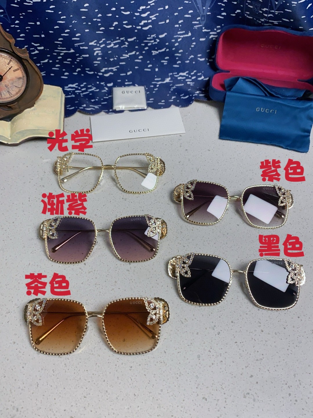  Gucci古奇 2025新款方形钻石时尚太阳眼镜蝴蝶镶钻简约墨镜方框 女士墨镜