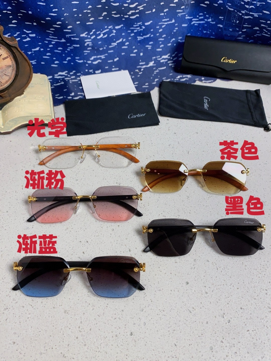  Carter卡地亚 2025新款 Y2K欧美风无框切边眼镜 气质复古御姐感加宽斯文金边镜框 豹子戏珠系