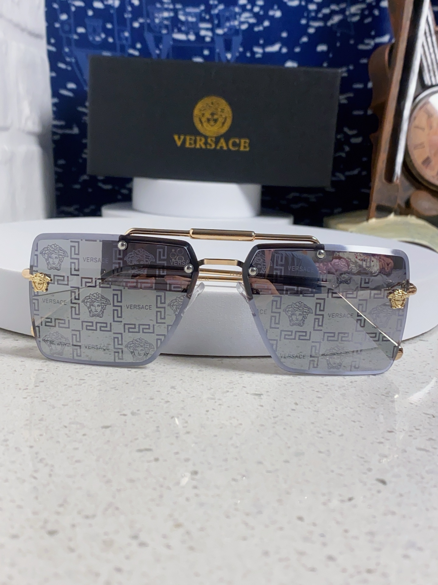  Versace范思哲 2025新款双梁切边方形无框眼镜太阳镜男 欧美时尚豹子潮流墨镜女 