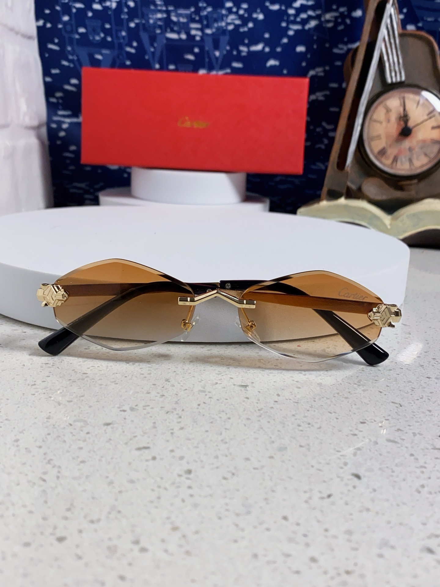 Cartier卡地亚 2025新款时尚复古个性舒适 前卫CT0443S太阳镜 墨镜高质感潮 金属无框豹子