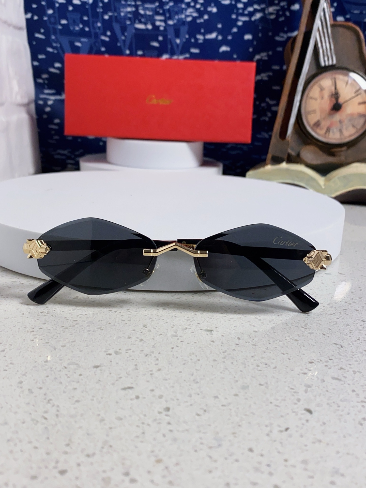 Cartier卡地亚 2025新款时尚复古个性舒适 前卫CT0443S太阳镜 墨镜高质感潮 金属无框豹子