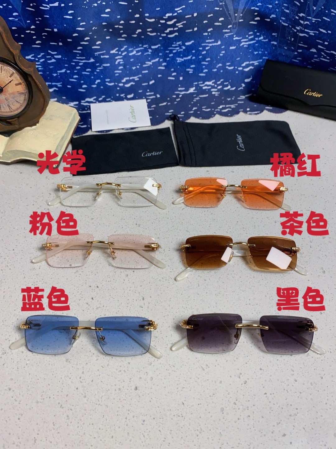  Carter卡地亚 2025最新款男女通用太阳眼镜方形无框带钻款 时尚小脸遮阳墨镜防紫外线
