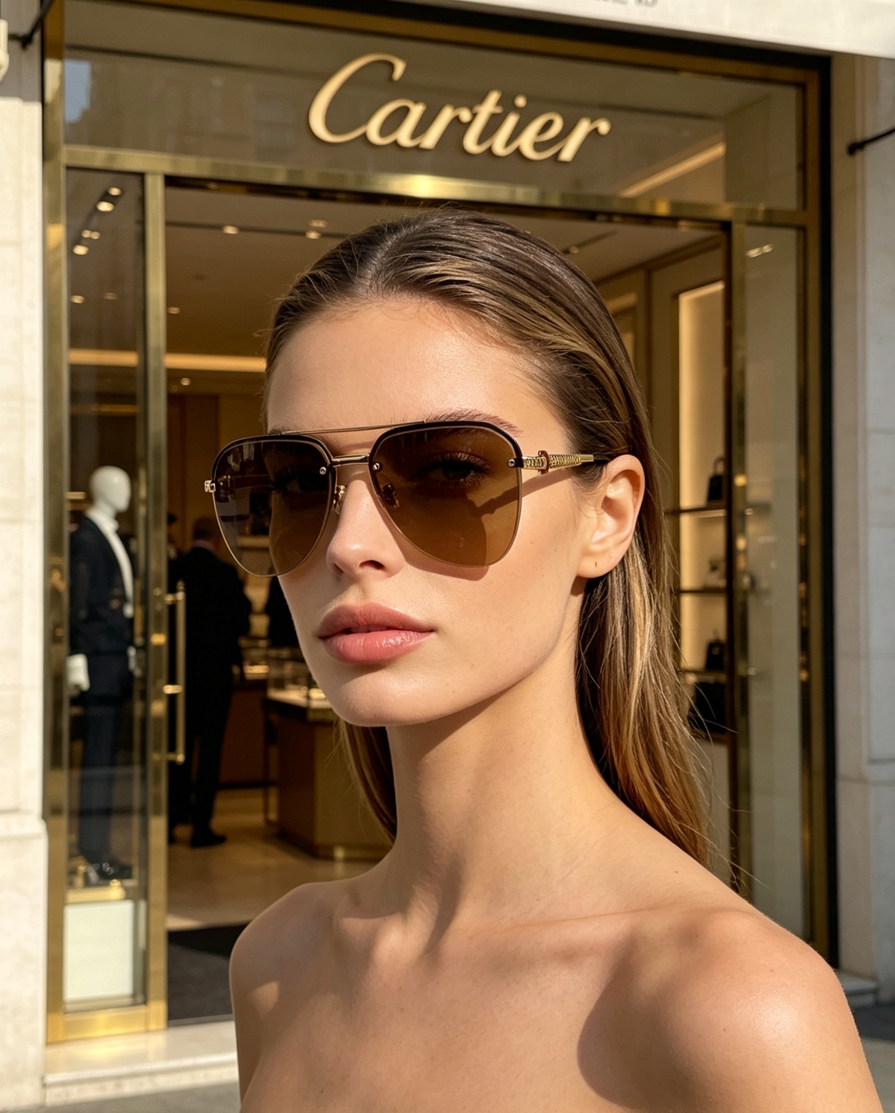 Cartier 飞行员款无框太阳镜，以品牌标志性的优雅格调，重塑都市绅士的日常造型。无框设计搭配精致金色