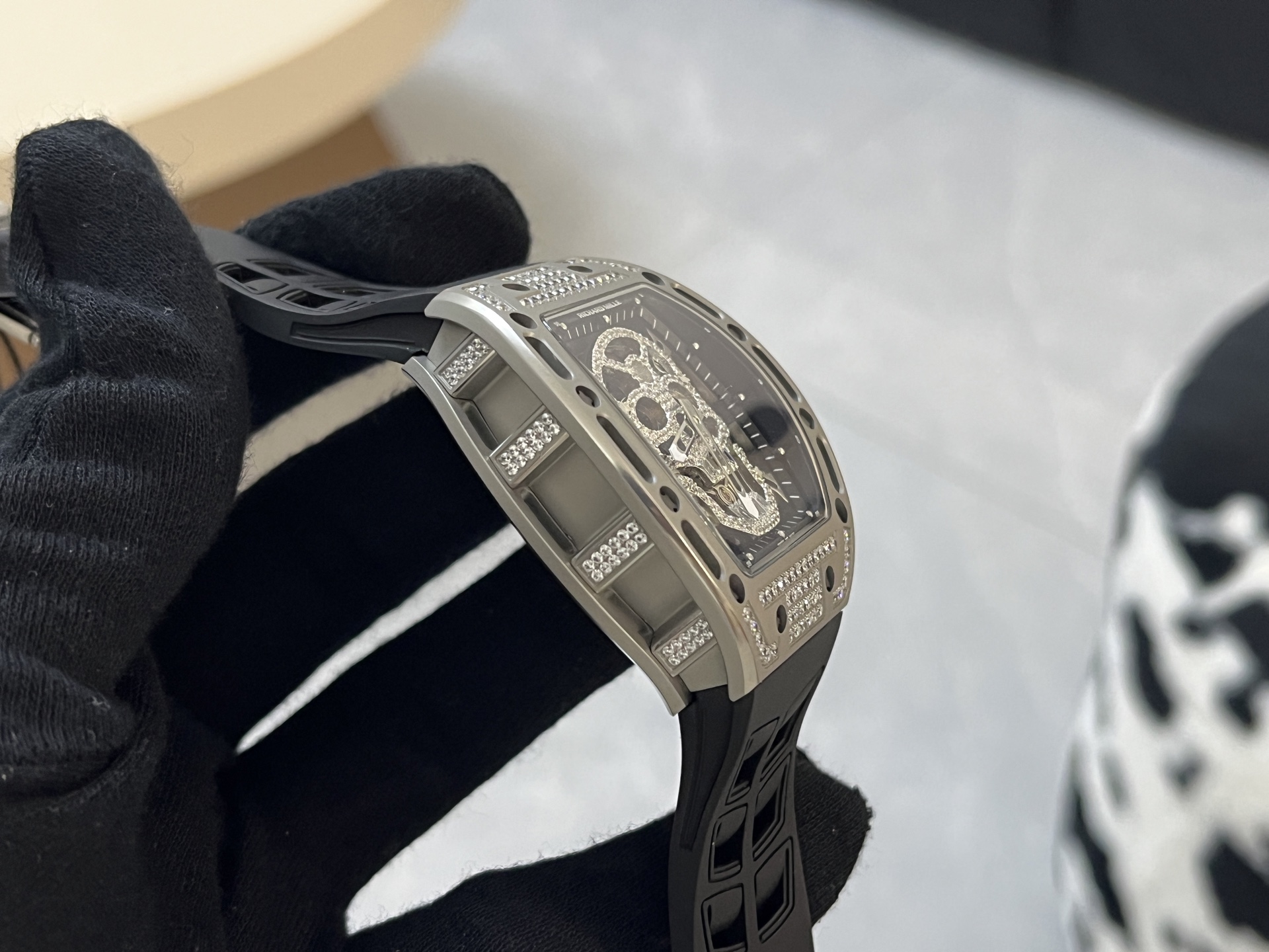 Richard Mille RM 052 Skull Titanium case, diamond bezel, skeleton dial, black strap 43mm Men's Automatic