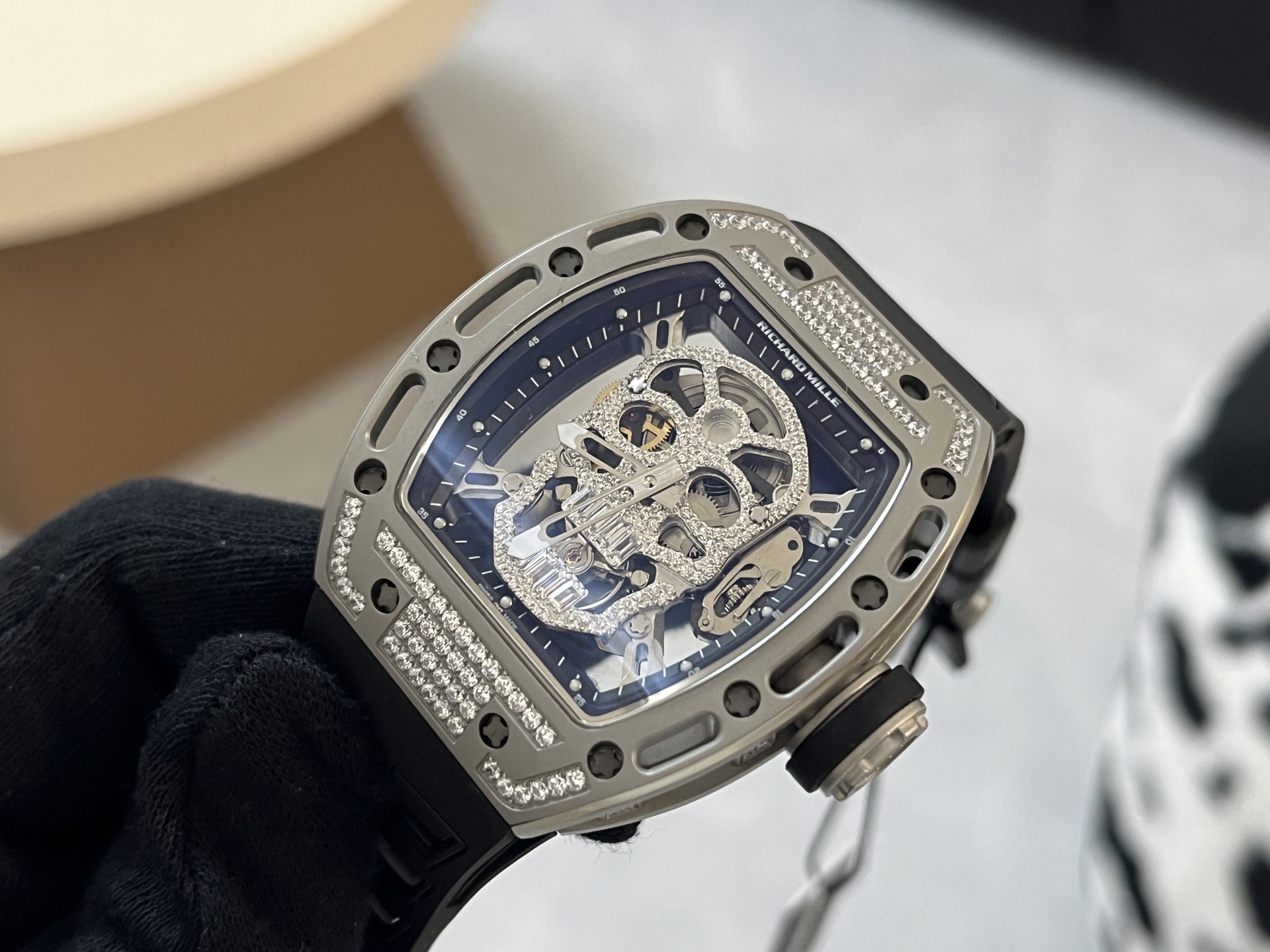 Richard Mille RM 052 Skull Titanium case, diamond bezel, skeleton dial, black strap 43mm Men's Automatic