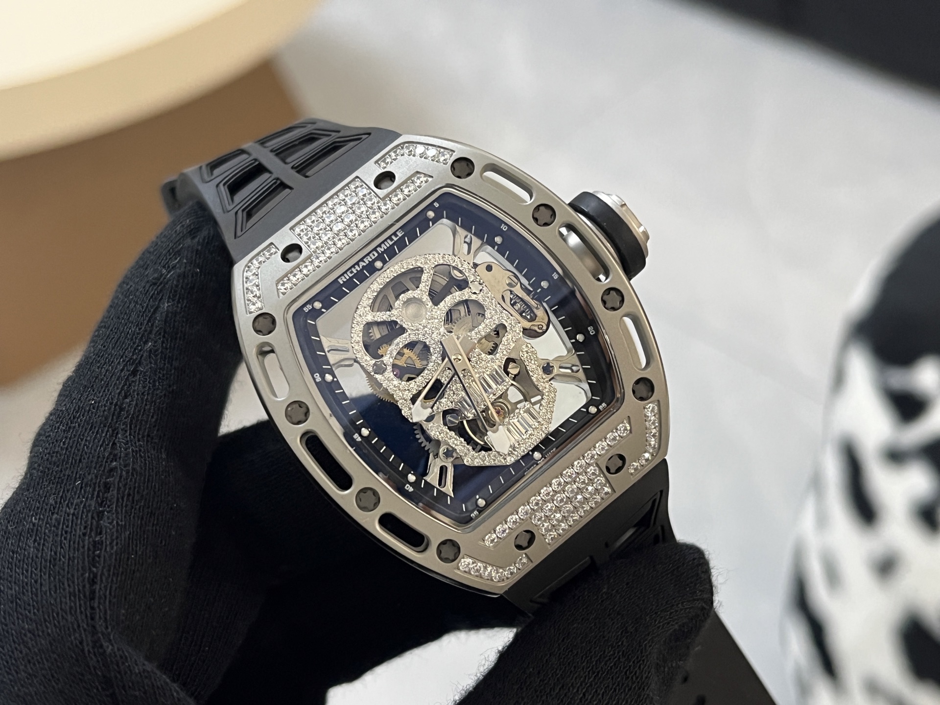 Richard Mille RM 052 Skull Titanium case, diamond bezel, skeleton dial, black strap 43mm Men's Automatic