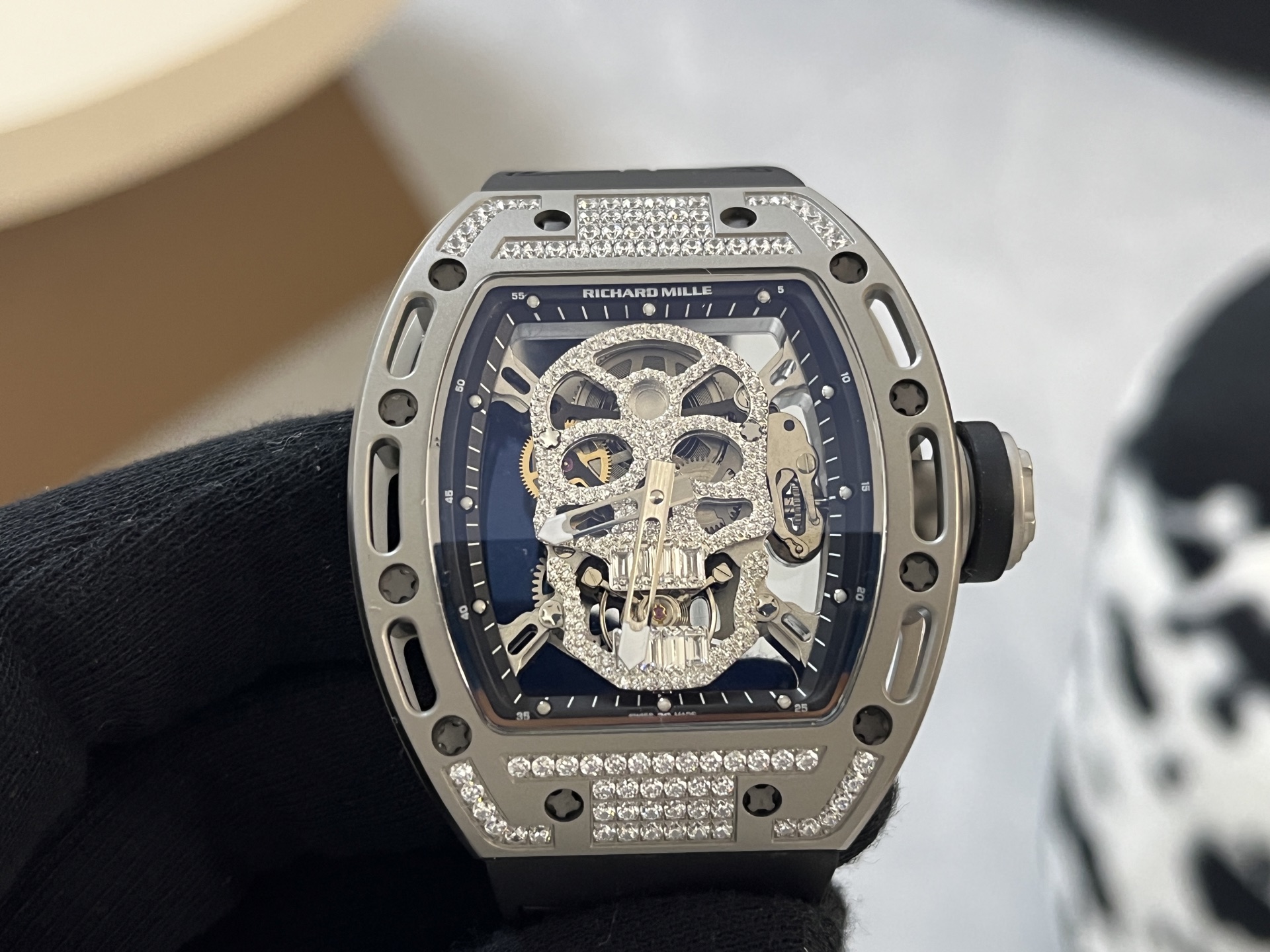 Richard Mille RM 052 Skull Titanium case, diamond bezel, skeleton dial, black strap 43mm Men's Automatic