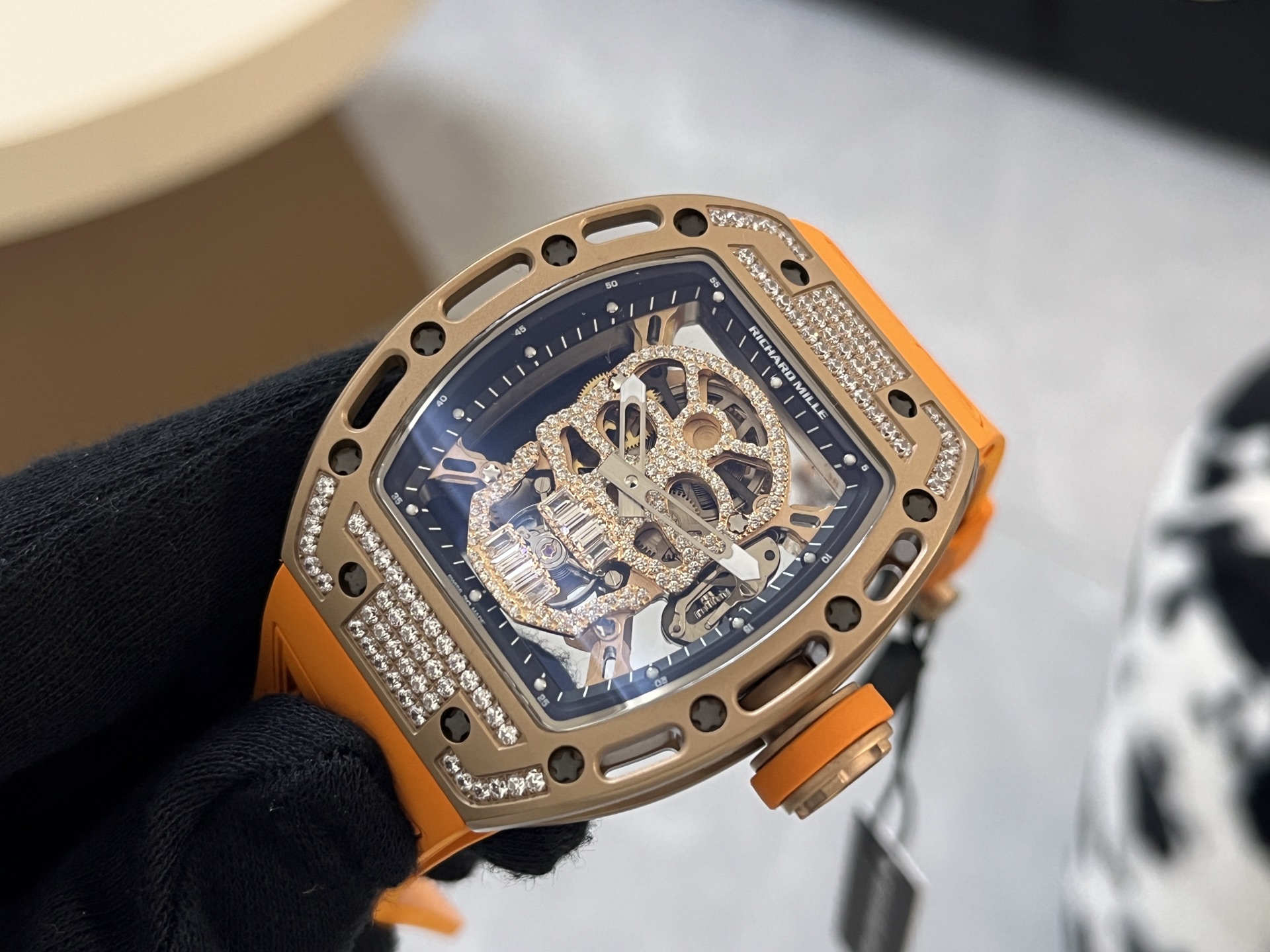 Richard Mille RM 052 Skull rose gold-tone case, diamond bezel, black dial, orange rubber strap 43mm Men's Automatic