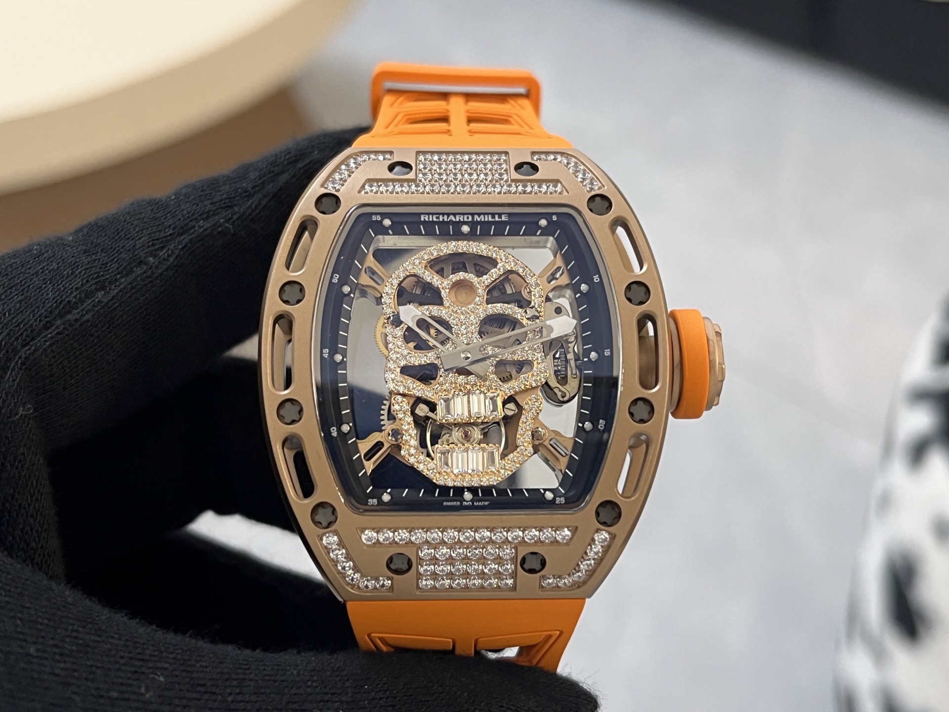 Richard Mille RM 052 Skull rose gold-tone case, diamond bezel, black dial, orange rubber strap 43mm Men's Automatic