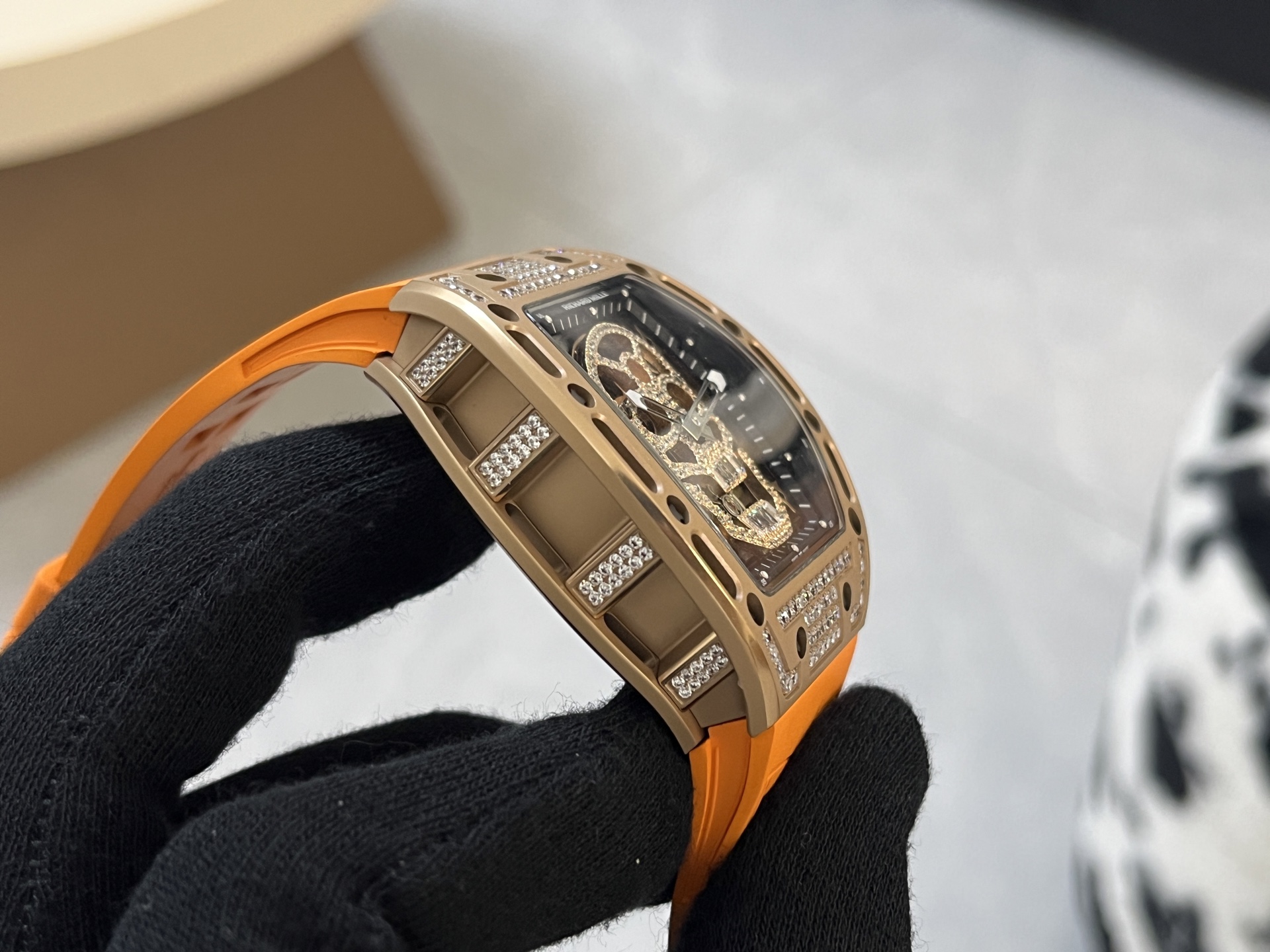 Richard Mille RM 052 Skull rose gold-tone case, diamond bezel, black dial, orange rubber strap 43mm Men's Automatic